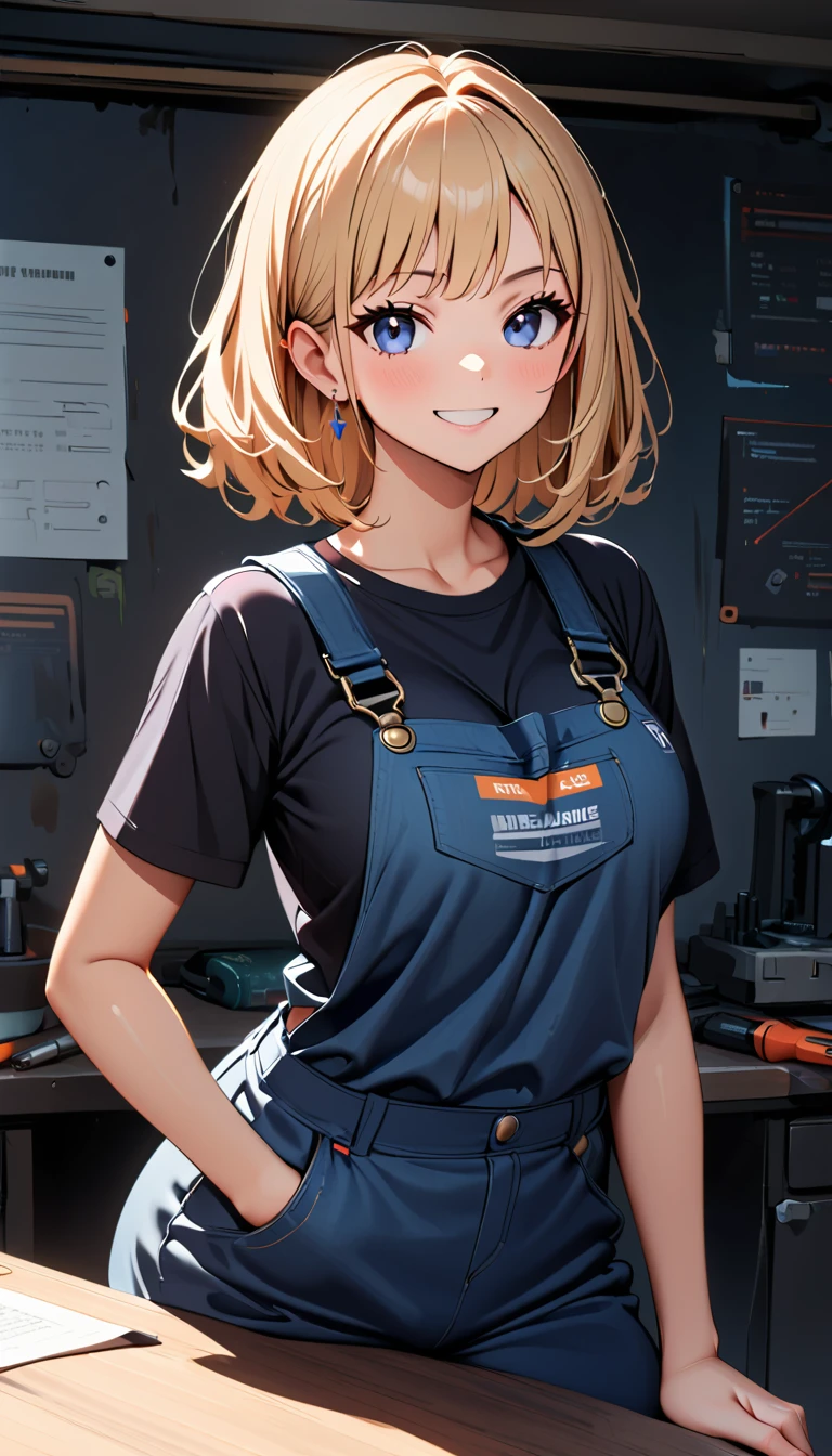 (highest quality:1.2, Very detailed, Latest, Vibrant, Ultra-high resolution, High Contrast, masterpiece:1.2, highest quality, Best aesthetics), Beautiful female mechanic, sexy, Work clothes, Overalls, Best Body Line, Beautiful detailed eyes, A professional and confident smile, Detailed facial features, Elegant hairstyle, Power tools, detailed machine, The work contents written on the wall, A neat and tidy desk, Precision work, Adorable,