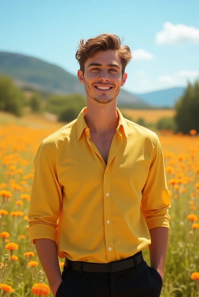 Young handsome cute beautiful skinny white face without shirt con un jirasol en un campo de girasol
