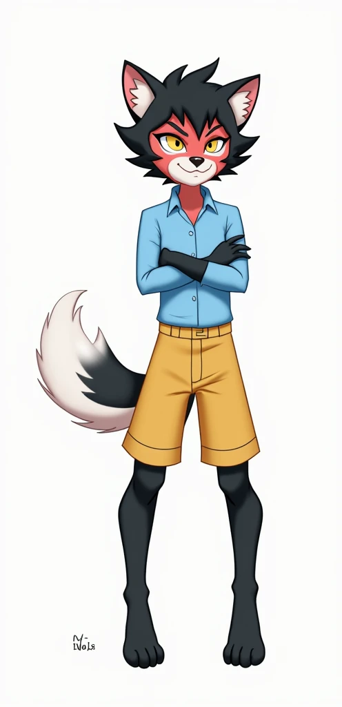 a blue fox furry with red markings and red glasses, uploaded on e621, male, heterochromia ((red | blue)), attractive, anthro, messy hair, alone, standing, full body, shy, refsheet, thin, white blue silver and red colors