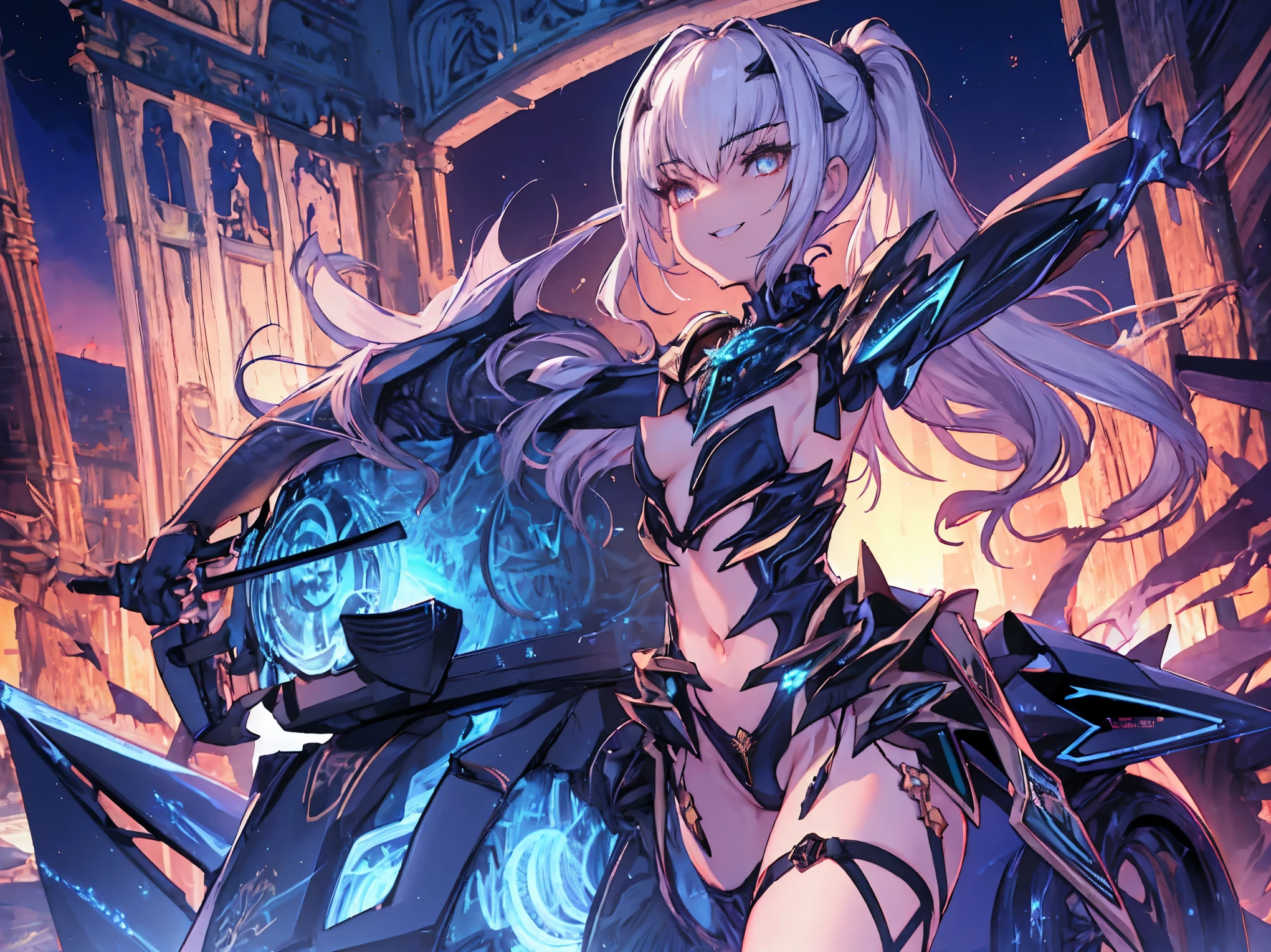 NSFW,highest quality,High resolution, Super detailed,game CG,dutch angle,detailed and beautiful eyes,beautiful girl,ch,(enchanting smile), (spread your legs), (raise your legs), armor, Armored dress, Black dress, Black gloves, Blue Armor, Blue dress, breastplate, dress, gloves, mask, pauldron, Short dress, shoulder armor,,ponytail,nihil_smile,light_open_mouth,knees,small_breasts,navel, groin,night_old_town_background