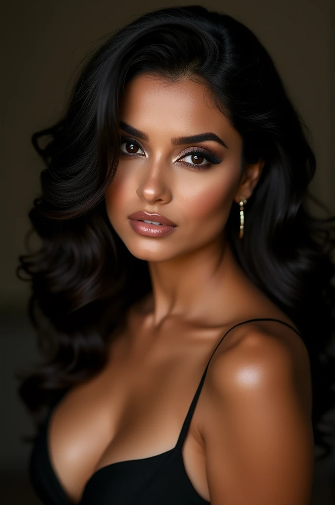 a beautiful woman, beautiful Latin face, Brazilian supermodel, stunning, stunning beauty, Angolan descent, most beautiful woman in the world, jaw-dropping beauty, young adult 30 years old, She has an exotic beauty, native Brazilian, tall woman, a stunning black African woman, with indigenous features, beautiful indigenous girl, ((An indigenous African girl with European ebony)), ((her beauty is undeniable)), beautiful young ebony girl with dark skin, tanned Mexican. *hair: Curly black hair with brown highlights, Voluminous black hair with brown highlights, vibrant and dynamic cut with soft waves. *eyes: green and expressive eyes, beautiful green eyes, realistic green eyes, detailed green eyes, ultra realistic, symmetrical, hyper realistic, (eyeliner, long eyelashes), intense and penetrating look, seductive, mysterious and charming look, look at it magnetism, attraction and fascination. * Eyebrows: Perfect eyebrows that arch gracefully above the eyes and are thick. * the nose is small and proportional to the face and the soft contour of the face that accentuates the high cheekbones. *Mouth: Attractive and irresistible mouth, well-defined lips, full lips, voluminous lips, seductive lips, captivating, striking, unforgettable, mischievous, sexy, your features are captivating, seductive expression, a seductive smile is enigmatic *Face shape: O the face is oval, with high cheekbones and a well-defined chin, a beautiful and detailed face. *Makeup: Makeup is subtle, but highlights natural features. Skin Tone: Olive skin, with healthy and even glow, with olive skin, dark skin, sexy girl with dark skin, detailed skin texture, beautiful and glowing skin, intricate details, smooth skin, healthy and radiant appearance. *body: attractive and slim woman, medium bust, athletic, thin waist, wide hips, big butt, thick thighs, shapely legs. sexy pose, full body photo, ((seductive)), Sexy, (black leather bra:1.1), (black leather pencil skirt:1.2)