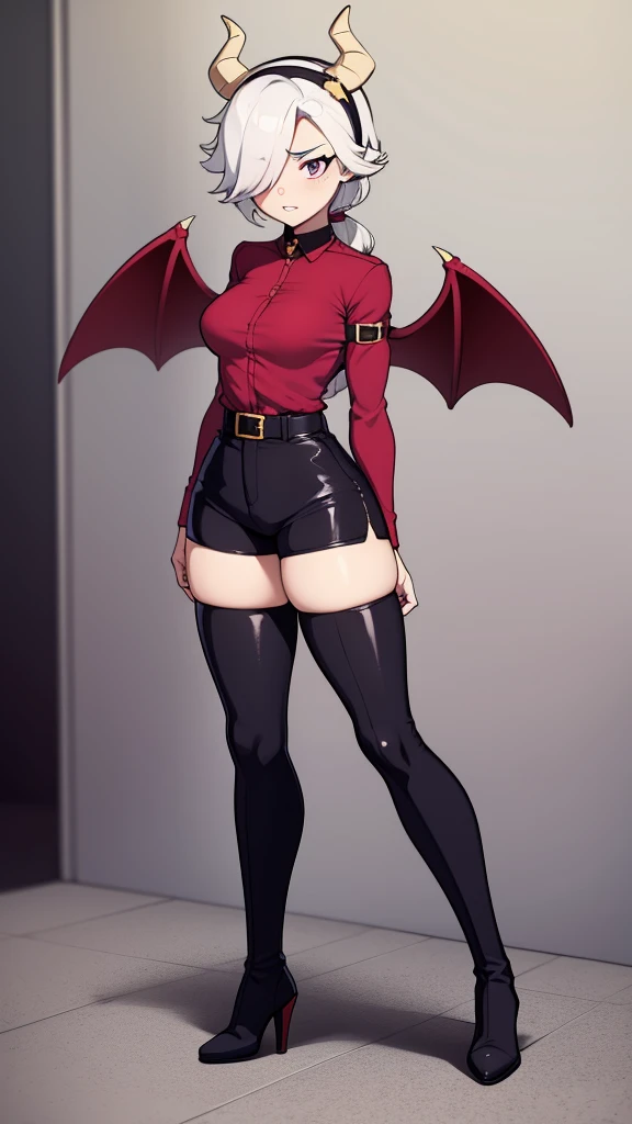 Girl demon, black Horns, Black and Long Hair, Straight hair, Red Eyes, black devil's tail, anime version, full body, black clothes, slim, black wings