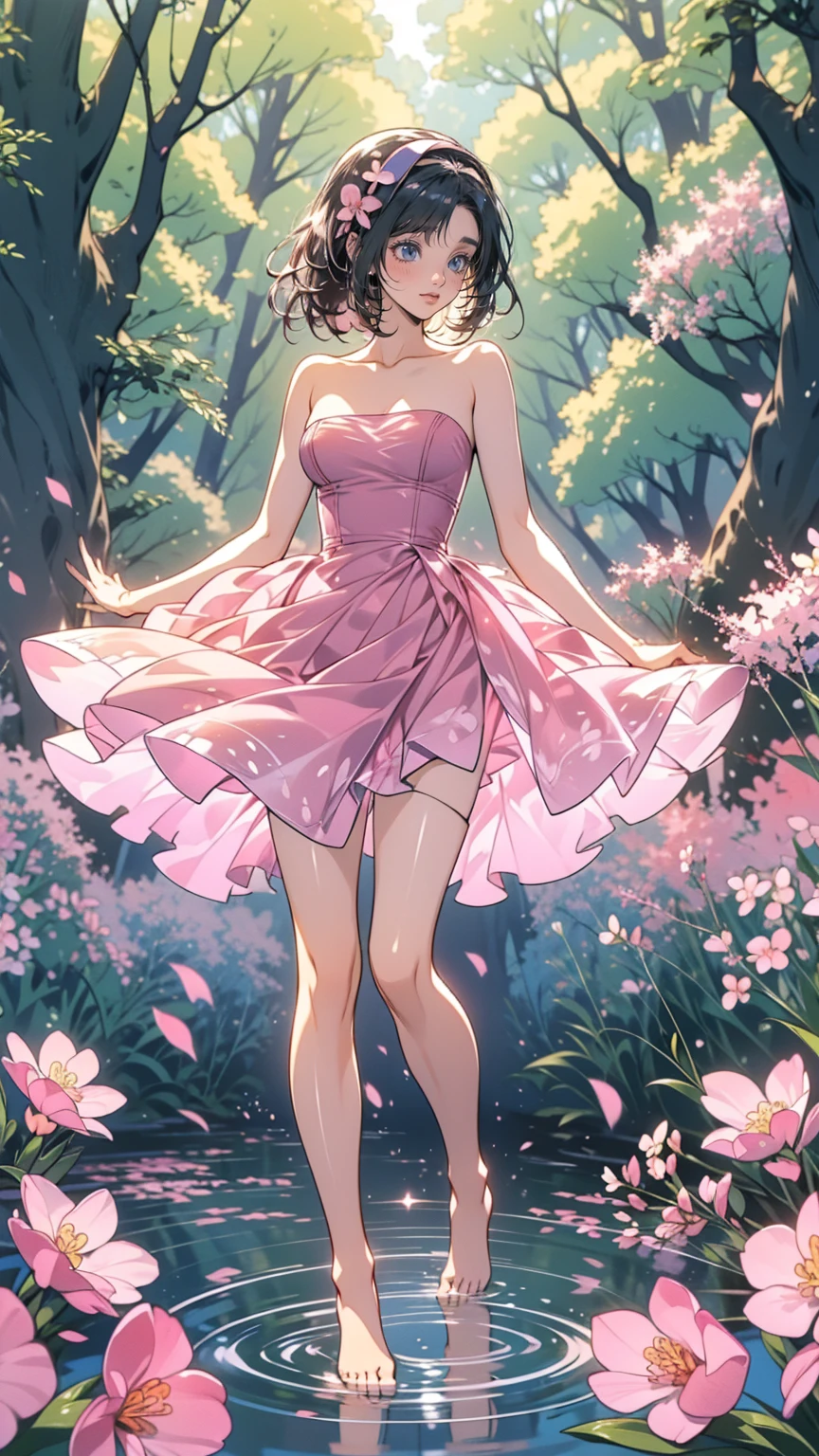 (pink strapless dress :1.5), 銀色の長いhair, black _ Hairbands, X-Shape _ eyebrow, Hairbands, poe _ hair, 前hair, Bare shoulders, Full Body Shot, black stockings, (Peach Blossom Forest:1.3)，Creek，barefoot，Soak your feet，
