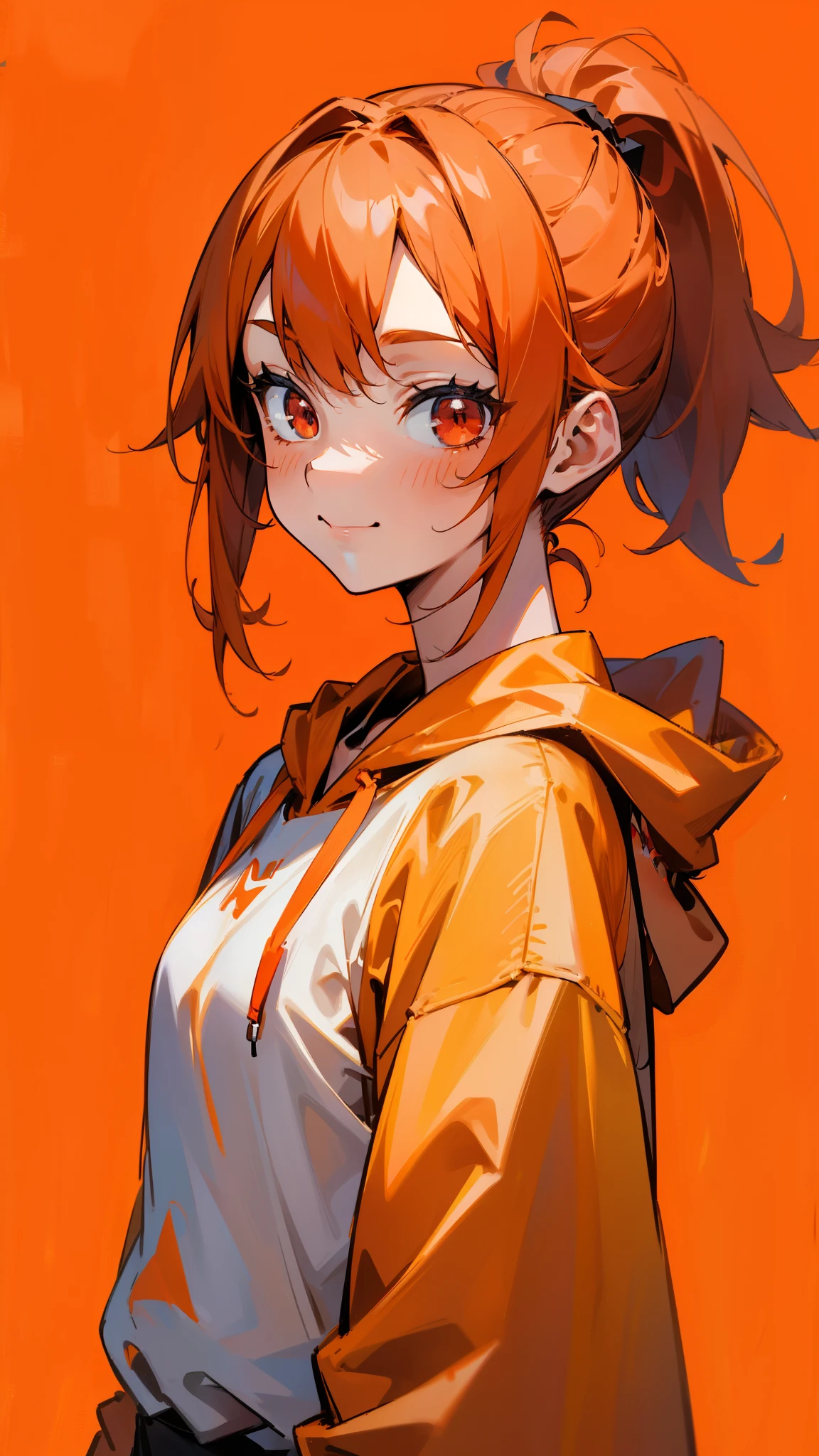 (Best Quality、masterpiece、Every detail)  Anime Girls 、 orange hair、Ponytail、Red eyes、From the side、Upper body close-up、smile、smile、Wear an orange hoodie over a white shirt、Red Background