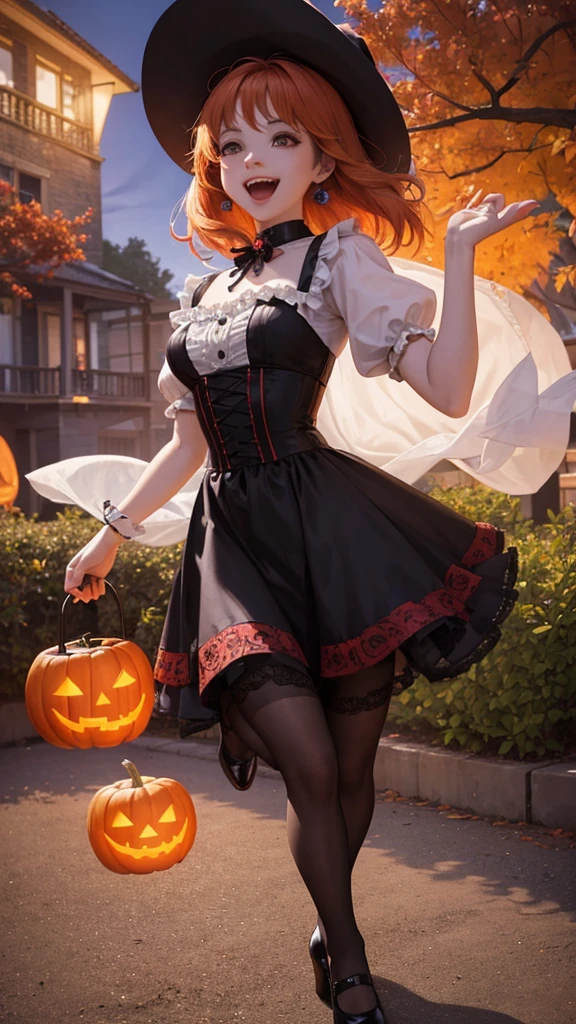 (Halloween theme:1.5), (fantasy:1.5), upper body portrait of a very busty beautiful women wearing halloween LITTLE RED RIDING HOOD costume, skin tight full lacy ultra detailed embroidery Dirndl, (fusion of red satin dirndl and gothic lolita:1.3), BREAK, ((;D1.3, happy evil smile:1.2)), perfect face,perfect eyes,HD details,high details,sharp focus,studio photo,HD makeup,shimmery makeup,celebrity makeup, (Haley Quinn makeup:1.5), ((centered image)) (HD render)Studio portrait,magic, magical, fantasy,(huge breasts)(large breasts),(big breasts),(sagging breasts), tree, forest, halloween forest, jack-o'lantern, pink hair, halloween background, bright pumpkin, (RedHoodWaifu, (red hood, cap)), (arms behind back:1.5),