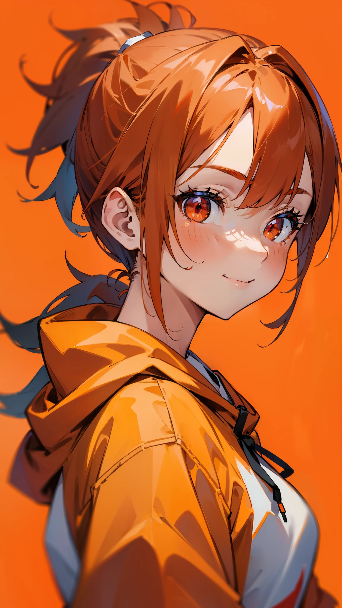 (Best Quality、masterpiece、Every detail)  Anime Girls 、 orange hair、Ponytail、Red eyes、From the side、Upper body close-up、smile、smile、Wear an orange hoodie over a white shirt、Red Background