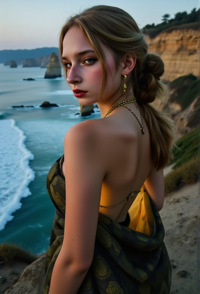 aethestic_pose, soft_glow, solo, medium-length serpentine hair, jade-green eyes, golden jewelry, bare shoulders, 1girl, half-body, female focus, ocean cliff background, twilight hour, seductive atmosphere, realistic. This is a photograph of Medusa standing at the edge of a cliff, her serpentine hair coiling gently, alive in the breeze. The golden jewelry adorning her neck and wrists reflects the dying light of the sun, casting soft highlights on her smooth skin. Her jade-green eyes are half-lidded, and her expression is both inviting and dangerous. Her body is draped in sheer, flowing fabrics that subtly reveal her toned figure, creating an air of sensual mystery. The ocean waves crash far below, adding drama to the serene twilight atmosphere, while her pose exudes a hypnotic, magnetic charm