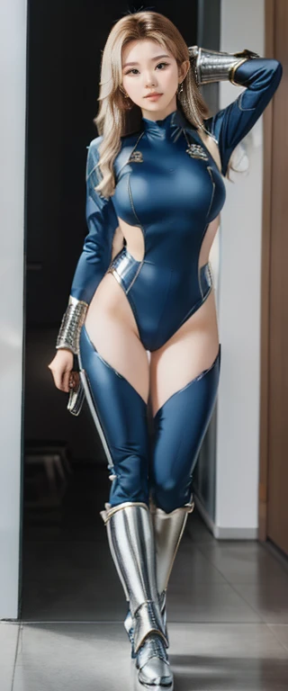 Full Body Photo. Standing in a full height. Studio Background. 8k HD good quality image. Dahyun from Twice has an ideal body, big breast, big butt, sexy wavy body, straight long hair, wearing a Diamond Full Iron Man armor without the helmet. Diamond boots. Inside of the armor, there is a full blue zero suit. FULL BODY FROM HEAD TO TOE. Standing in a FULL HEIGHT FROM HEAD TO TOE. The picture must show a complete head to toe picture of the hot Korean
