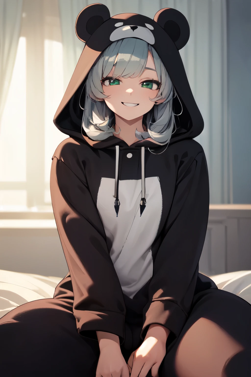 beautiful, (masterpiece), best quality, (extremely detailed face), extremely detailed eyes,  perfect lighting, OverallDetail, detailed, deep skin,textured skin,
,bear costume ,black bear costume, long sleeves, hood up,,mallow , long hair, green eyes, big smile,on bed ,sitting between pillows,
,