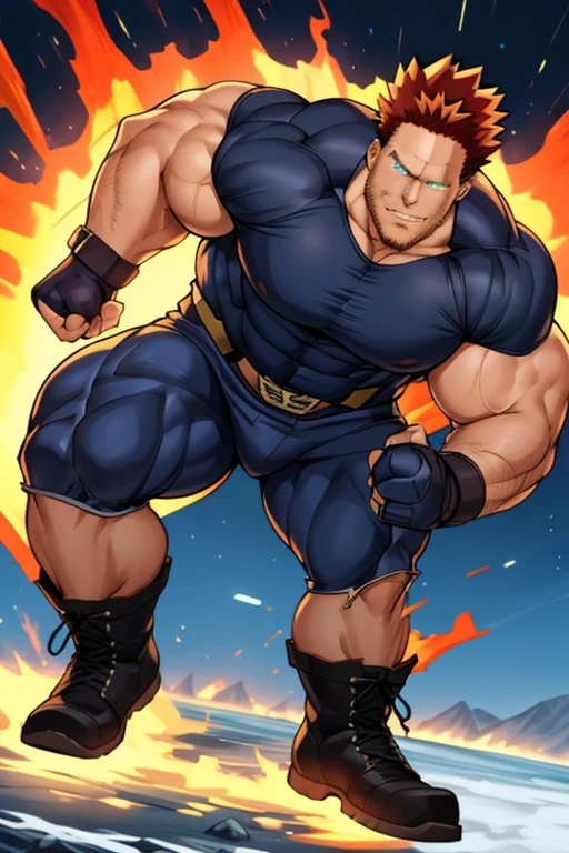 Endeavor from My Hero Academia, covered in flames, full body,  muscular, thick, thick pubic hair, huge nice bulge, big bulge, Huge bulge, 45 yo, sexy, detailed face, detailed eyes, realistic eyes, A torn costume with a big hole in it., large pectorals, superhero, fingerless gloves, boots, red hair, scar, no background, Stick out your hips, stick out your crotch, Fist-up pose