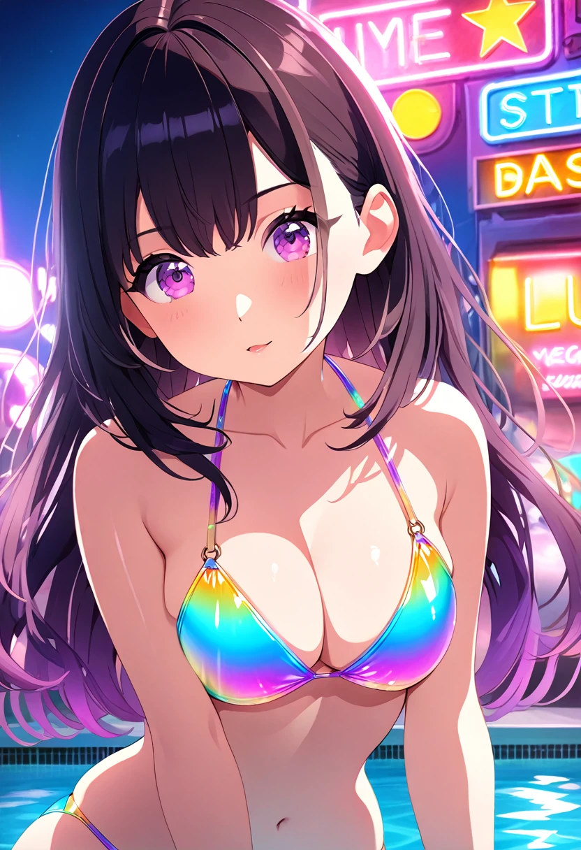 (High resolution, accurate, Best Quality, Anatomically correct, masterpiece), 1 Cute girl, sexy pose, night, poolside, (((neon lights glowing bikini))), shiny glossy iridescent clothes, shiny reflective lighting, glowing skin, glitter and fluffy effect of vivid colors, DOF, lens flare