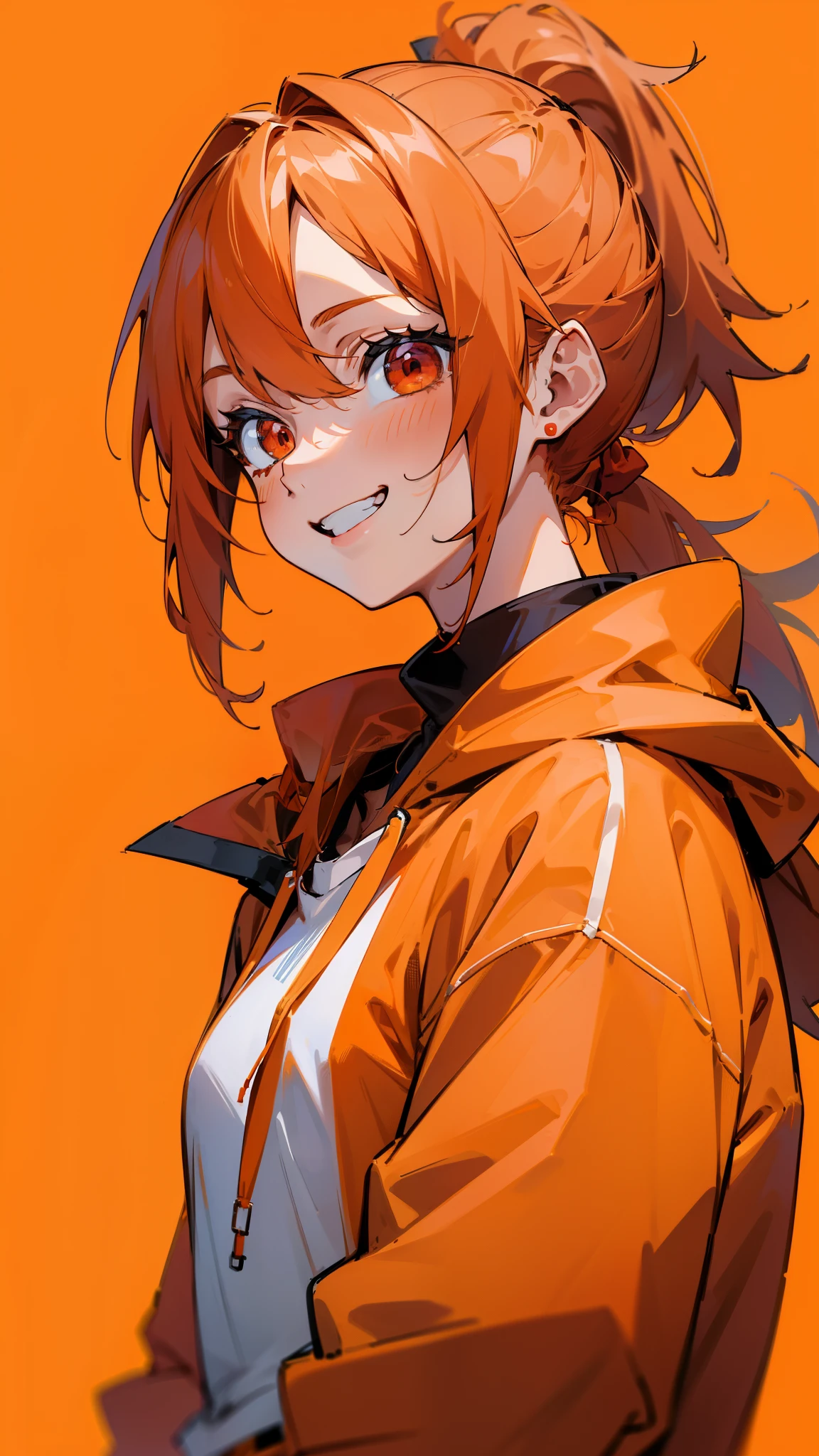 (Best Quality、masterpiece、Every detail)  Anime Girls 、 orange hair、Ponytail、Red eyes、From the side、Upper body close-up、Grin、Wear an orange hoodie over a white shirt、Red Background