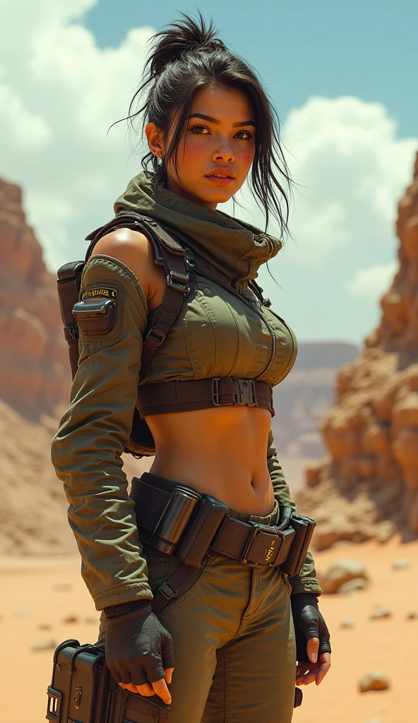 35mm film photography, High-fidelity photograph depicting a powerful, unclothed female cyborg with a chiseled, athletic build and large breasts, holding a metal rod, standing in a desert environment during a sandstorm, captured with a Nikon D800 and 85mm f/1.4 lens, high detail, sophisticated muted-green color scheme, blurry, muted colors, long exposition motion blur, cinematic angle composition, 50mm