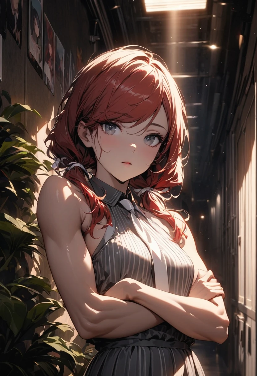 A girl, The character Makima from the anime series Chainsaw Man, fragile, makima, Beautiful figure, Skinny black pants, red hair, Orange Eyes, white shirt, sexypose, Realistic, Very detailed, handsome body, Detailed body, Detailed hands, Detailed, Vibrants, Detailed Face, Makima's character design. Very detailed, Detailed body, Detailed hands, Detailed Face, anime art, extremely detailed CG unity 8k wallpaper, detailed light, Cinematic lighting, chromatic aberration, glittering, expressionless, epic composition, dark in the background, Cherecter Desing, Very detailed, Detailed body, Vibrants, Detailed Face, sharp-focus, anime art, Vibrants, Detailed Face, Hugh Details, sharp-focus, Very drooping face, A detailed eye, super fine illustration, better shadow, finely detail, Beautiful detailed glow, Beautiful detailed, Extremely detailed, expressionless, epic composition, Presented at artstation, Octane Render, artstation hd, Cinematic, 4 thousand., hypermaximalist, elegant