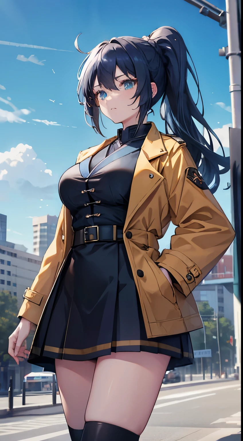  dark blue hair ，Long hair，High Ponytail，Double ponytail, green eyes，brown coat ，Black top， black skirt ， white high socks，， Urban Background，Sun Shangxiang（Three Kingdoms），Large Breasts， hands on the waist 