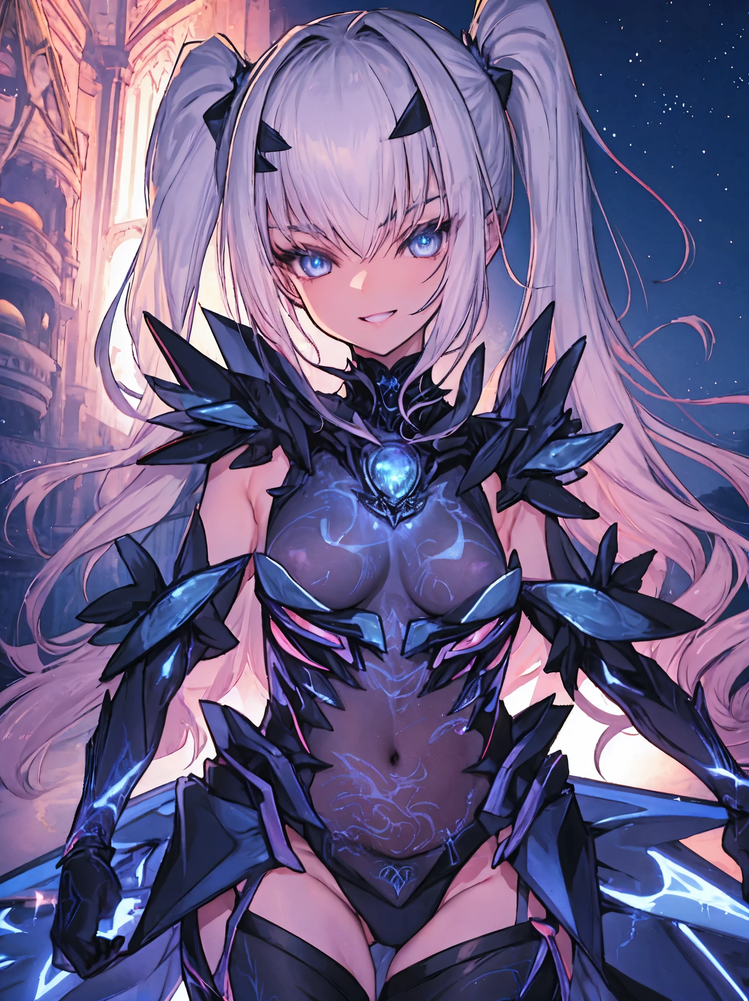 NSFW,highest quality,High resolution, Super detailed,game CG,dutch angle,detailed and beautiful eyes,beautiful girl,ch,(enchanting smile), (spread your legs), (raise your legs), armor, Armored dress, Black dress, Black gloves, Blue Armor, Blue dress, breastplate, dress, gloves, mask, pauldron, Short dress, shoulder armor,,ponytail,nihil_smile,light_open_mouth,knees,small_breasts,navel, groin,night_old_town_background