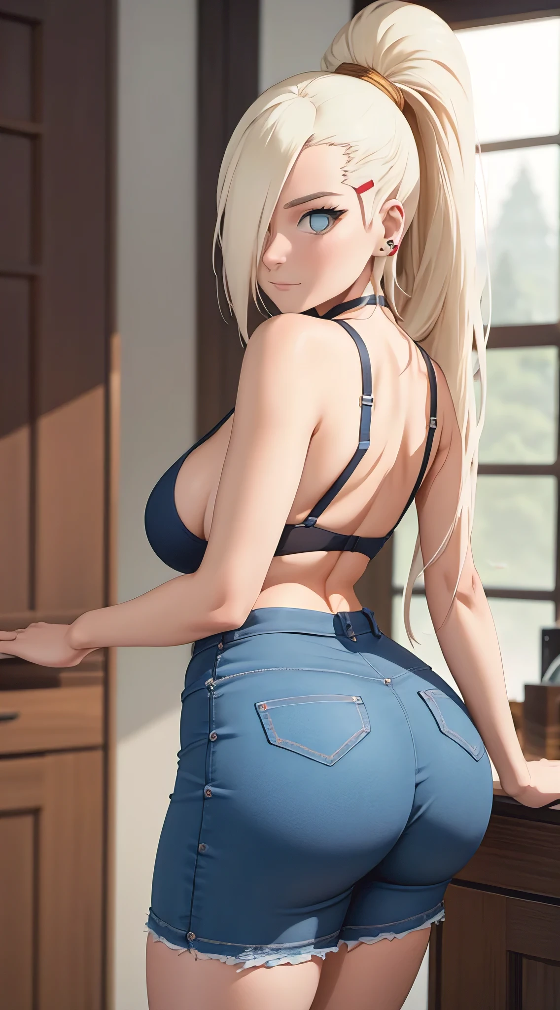 (Highly detailed skin, white blonde hair, baseball cap, long ponytail, beautiful detailed hair, delicate beautiful face, seductive smile, beautiful detailed eyes, large_breasts, real skin texture), (big, 20yo,, appeal, sexy), (narrow eyes, blush, blue eyes), attractive face, perfect body, oiled skin, glistening skin, high gloss skin, constriction, professional lighting, 1 girl, messy hair, medium hair, cowboy_shot, gorgeous eyes, cute smile, mischief, seductive expression, UHD, ultra-detailed eyes, beautiful ass, view from behind, looking back over the shoulder, (from behind, butt perspective), ( Black tank top, high-leg denim), background simply, hands to the side, Japan people,