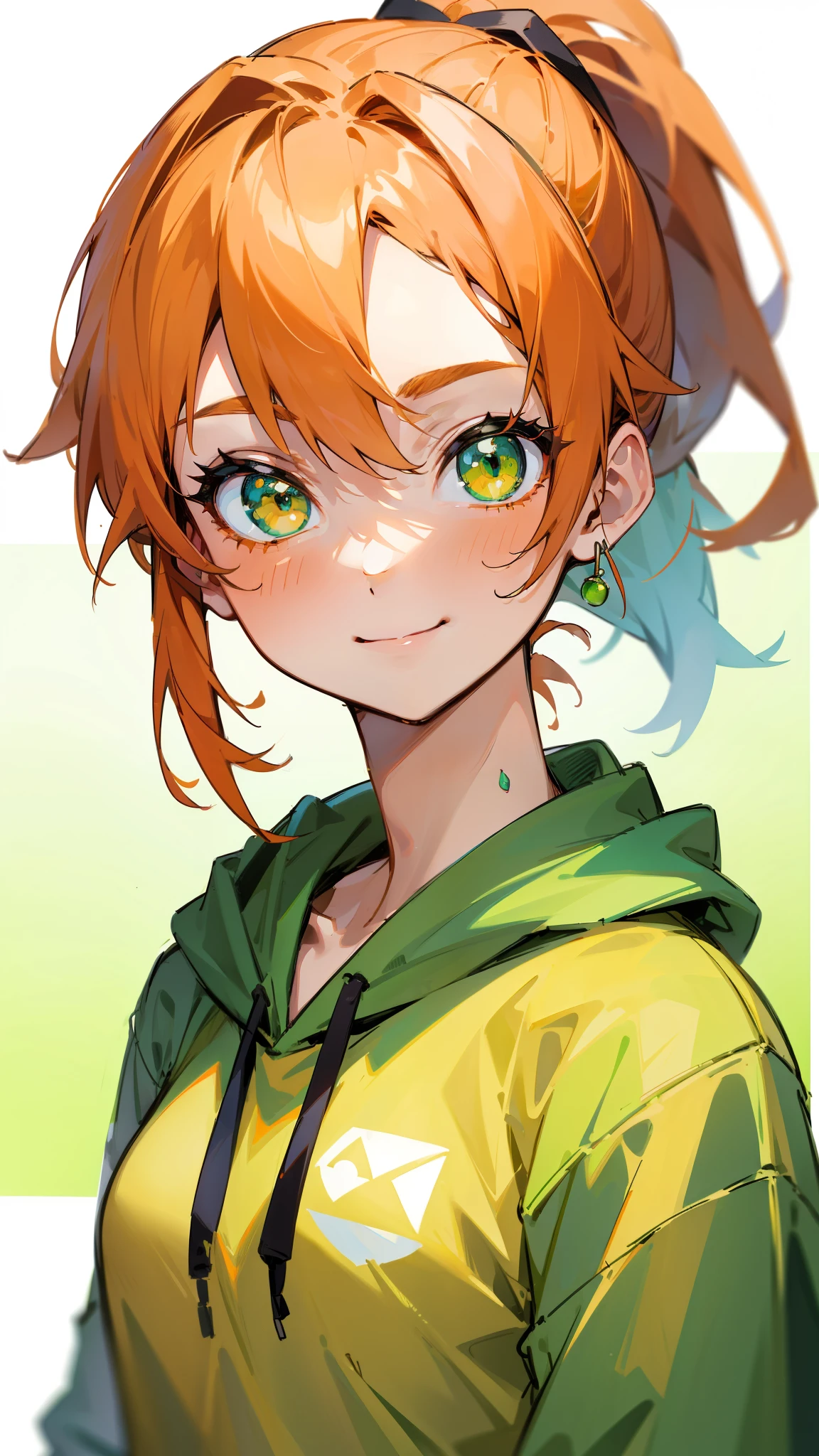 (Best Quality、masterpiece、Every detail)  Anime Girls 、 orange hair、Ponytail、Green Eyes、Upper body close-up、smile、smile、Wear a green hoodie over a white shirt、lime background