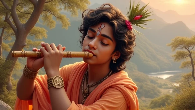 Medium curly hair,sitting on ground,Infront of big tree,monkeys in tree,curd in his left hand,flute in his right hand,wearing Krishna god costume,eating curd,with beautiful village background