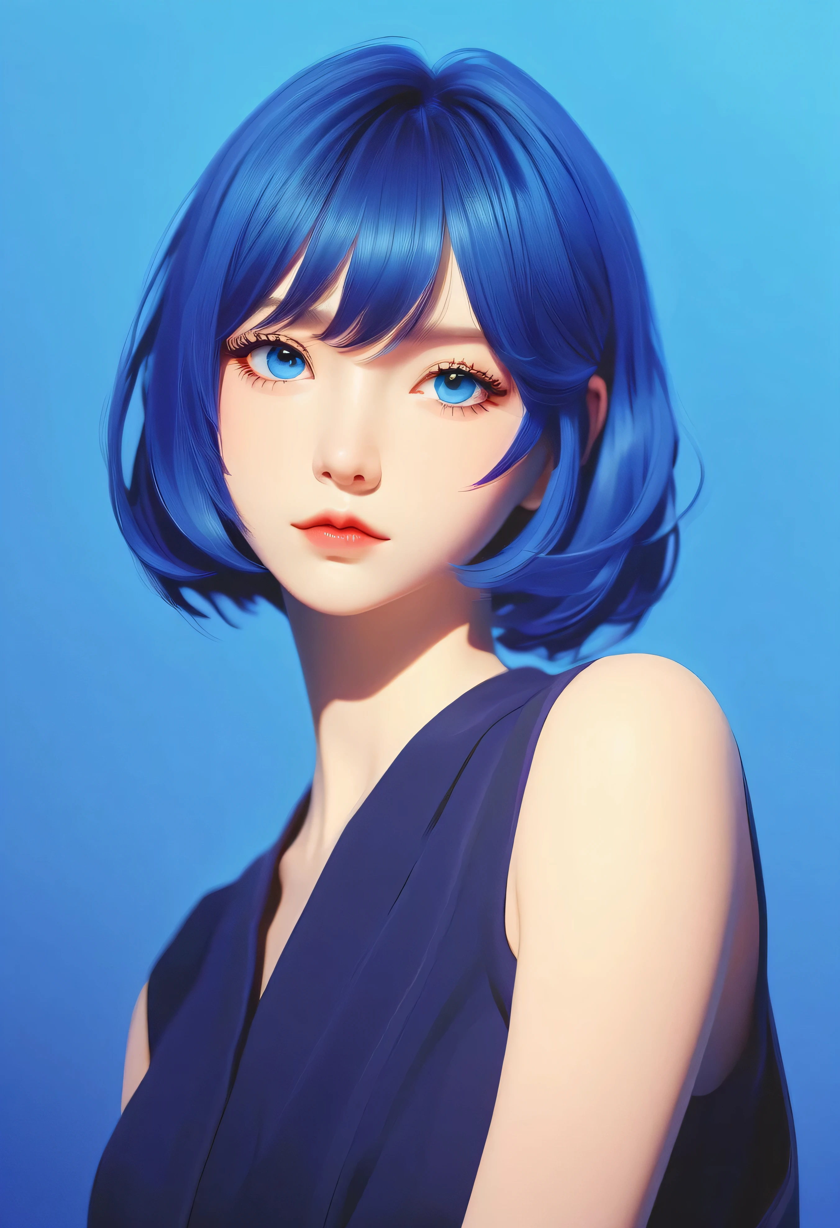 "anime-style portrait, Nagi Aoe, Shounen no Abyss, short blue hair, deep blue eyes, simple saturated blue background, complementary background, calm expression, distant expression, Ilya Kuvshinov style, soft lines, subtle lighting, shin hanga, Pixiv trending, blue aura, mysterious atmosphere"