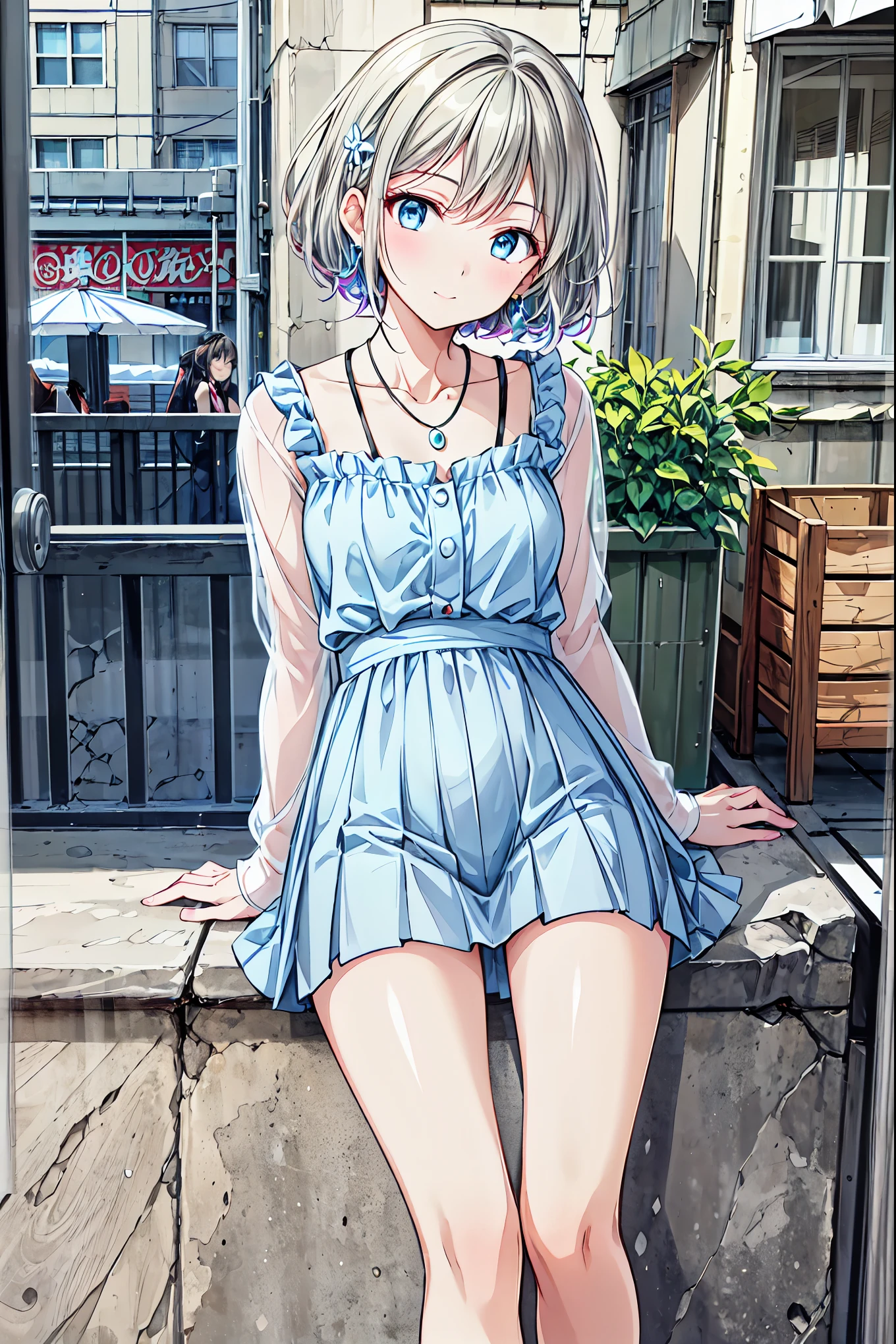 1 girl, Best Quality, masterpiece,  High Resolution , [purple|Sliver|green] _hair,  black miniskirt in a window seat, hair accessory, necklace,  jewelry , Beautiful Face,  I'm looking forward to it , Full body view, Realistic, Outdoor, Modern square, Two tone lighting, ( detailed skin : 1.2), 8K Ultra HD,  digital SLR , Soft light, high quality, Volumetric Light, Frank, photograph,  High Resolution , 4K, 8k, Background Blur， Your enchanting gray-blue eyes shine like stars，茶hair， shortcuts，ボサボサのhair，短い編みhair，Neat，Slender beauty，Correct posture，Small chest，Beautiful legs， Your enchanting gray-blue eyes shine like stars，Droopy eyes，Vibrant colors, beautiful eyes,A delicate smile,Textured Skin,Best Qualityを最高に, gentle and beautiful woman ,Anime Style､