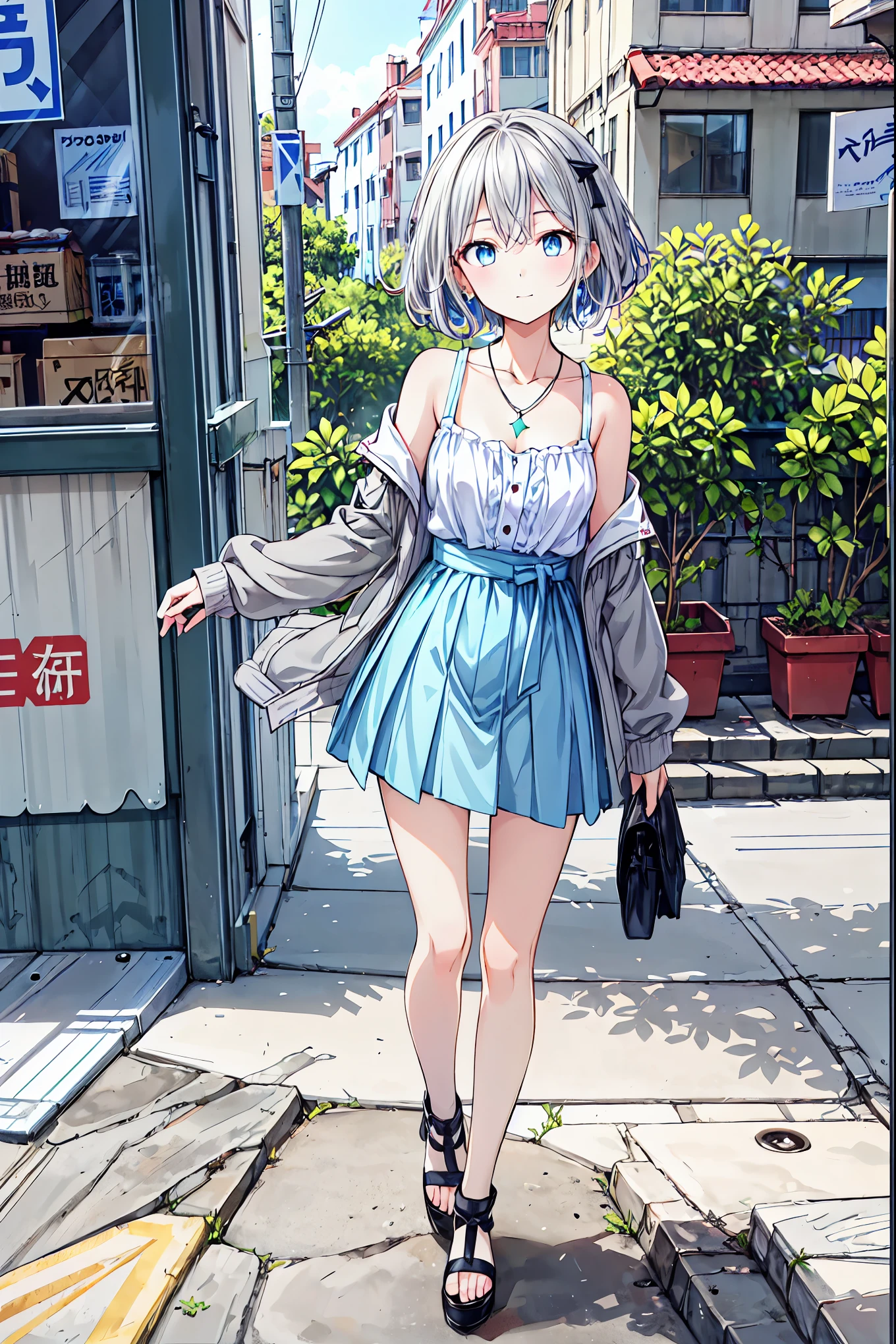 1 girl, Best Quality, masterpiece,  High Resolution , [purple|Sliver|green] _hair,  black miniskirt in a window seat, hair accessory, necklace,  jewelry , Beautiful Face,  I'm looking forward to it , Full body view, Realistic, Outdoor, Modern square, Two tone lighting, ( detailed skin : 1.2), 8K Ultra HD,  digital SLR , Soft light, high quality, Volumetric Light, Frank, photograph,  High Resolution , 4K, 8k, Background Blur， Your enchanting gray-blue eyes shine like stars，茶hair， shortcuts，ボサボサのhair，短い編みhair，Neat，Slender beauty，Correct posture，Small chest，Beautiful legs， Your enchanting gray-blue eyes shine like stars，Droopy eyes，Vibrant colors, beautiful eyes,A delicate smile,Textured Skin,Best Qualityを最高に, gentle and beautiful woman ,Anime Style､