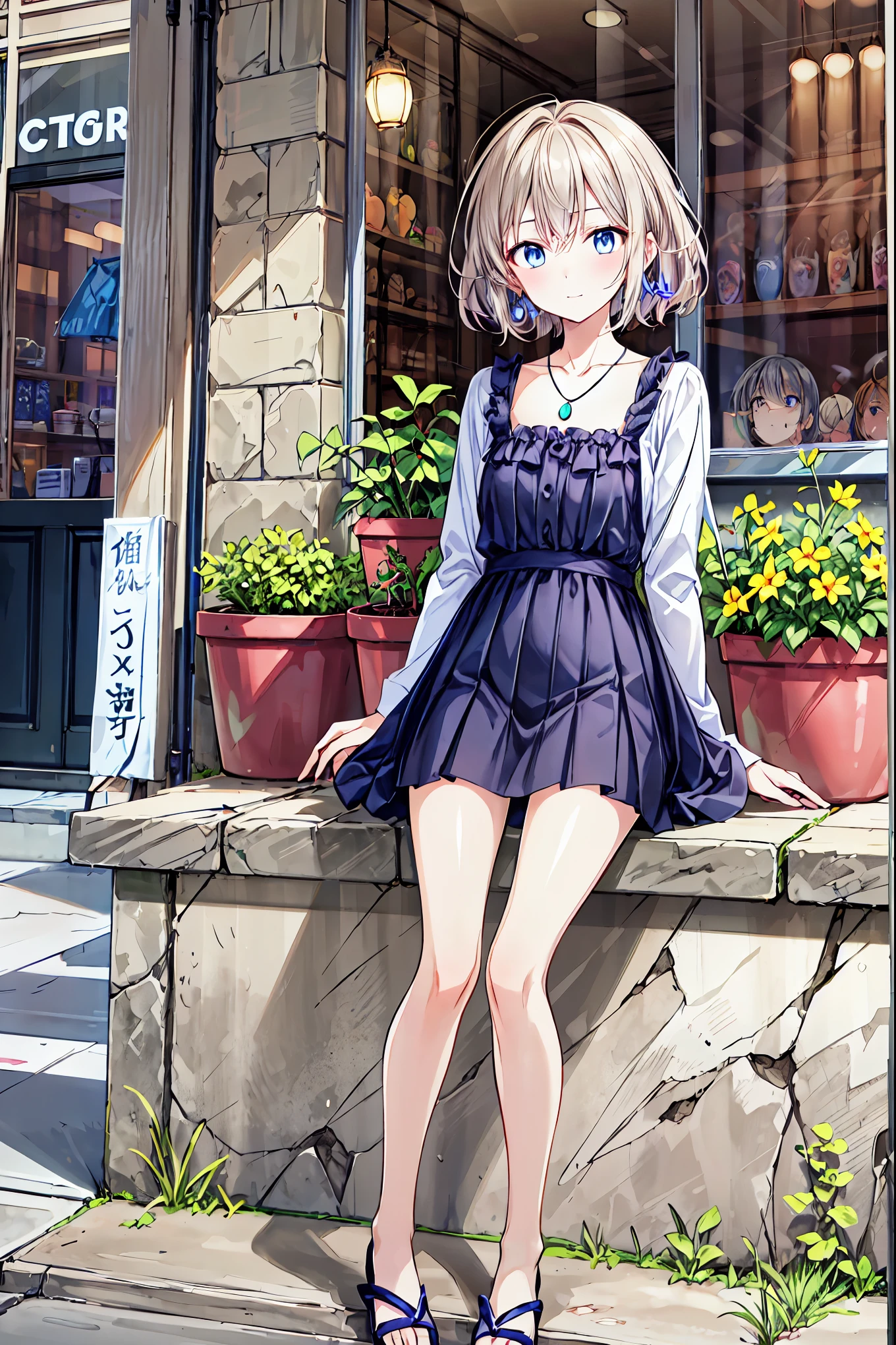 1 girl, Best Quality, masterpiece,  High Resolution , [purple|Sliver|green] _hair,  black miniskirt in a window seat, hair accessory, necklace,  jewelry , Beautiful Face,  I'm looking forward to it , Full body view, Realistic, Outdoor, Modern square, Two tone lighting, ( detailed skin : 1.2), 8K Ultra HD,  digital SLR , Soft light, high quality, Volumetric Light, Frank, photograph,  High Resolution , 4K, 8k, Background Blur， Your enchanting gray-blue eyes shine like stars，茶hair， shortcuts，ボサボサのhair，短い編みhair，Neat，Slender beauty，Correct posture，Small chest，Beautiful legs， Your enchanting gray-blue eyes shine like stars，Droopy eyes，Vibrant colors, beautiful eyes,A delicate smile,Textured Skin,Best Qualityを最高に, gentle and beautiful woman ,Anime Style､