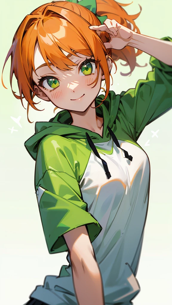 (Best Quality、masterpiece、Every detail)  Anime Girls 、 orange hair、Ponytail、Green Eyes、Upper body close-up、smile、smile、Wear a green hoodie over a white shirt、lime background、Dance violently