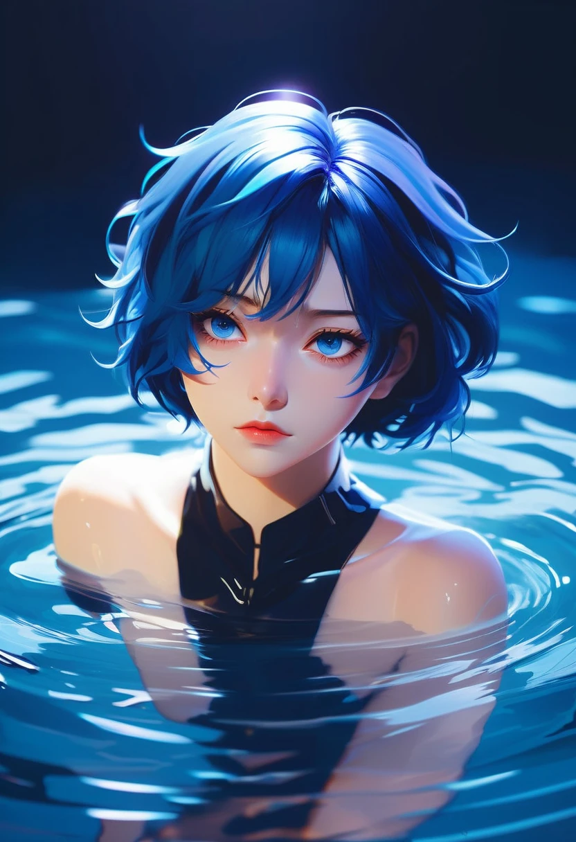 "anime-style portrait, Nagi Aoe, Shounen no Abyss, short blue hair, deep blue eyes, drowning dramatic pose, simple pure black background with underground water effects, complementary background, calm expression, distant expression, Ilya Kuvshinov style, soft lines, subtle lighting, shin hanga, Pixiv trending, blue aura, mysterious atmosphere"