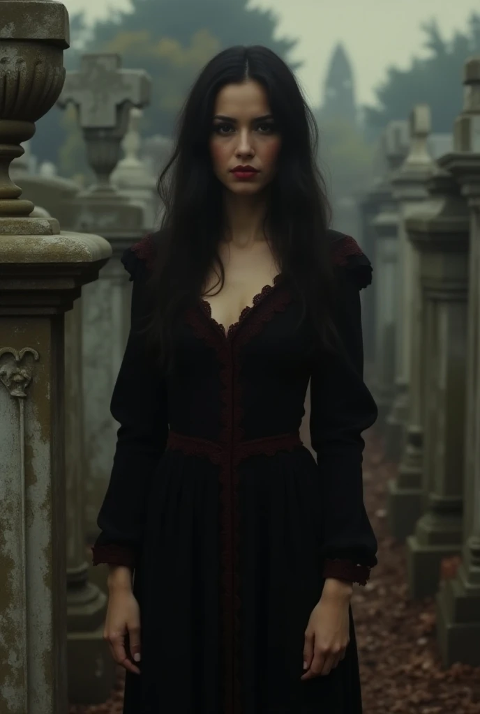gorgeous female standing in cementary, attractive, flirting, (((full body visible) )), w3day_15, looking at viewer, portrait, photography, detailed skin, realistic, photo-realistic, 8k, highly detailed, full length frame, High detail RAW color art, piercing, diffused soft lighting, shallow depth of field, sharp focus, hyperrealism, cinematic lighting