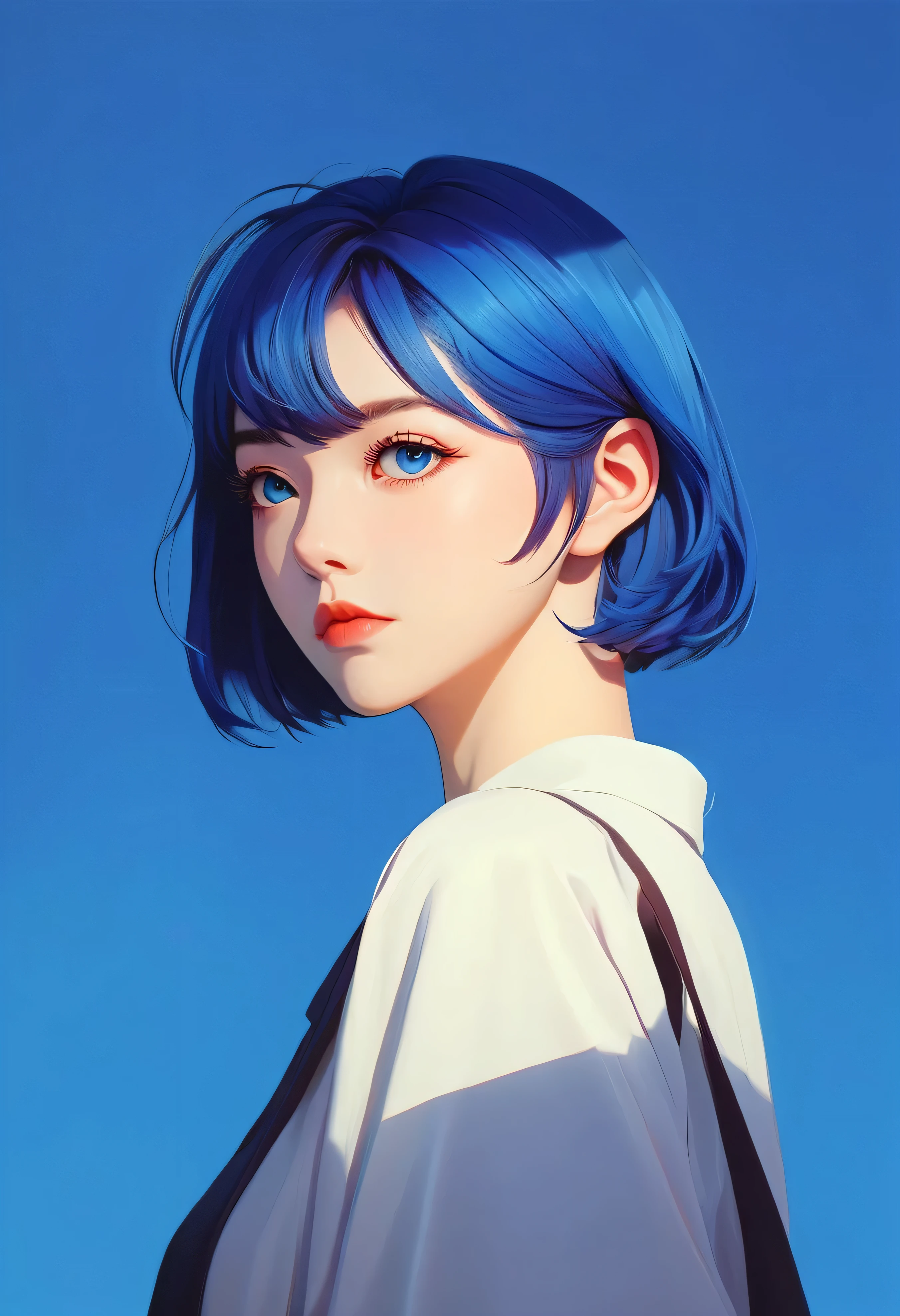 "anime-style portrait, Nagi Aoe, Shounen no Abyss, short blue hair, deep blue eyes, simple saturated blue background, complementary background, calm expression, distant expression, Ilya Kuvshinov style, soft lines, subtle lighting, shin hanga, Pixiv trending, blue aura, mysterious atmosphere"