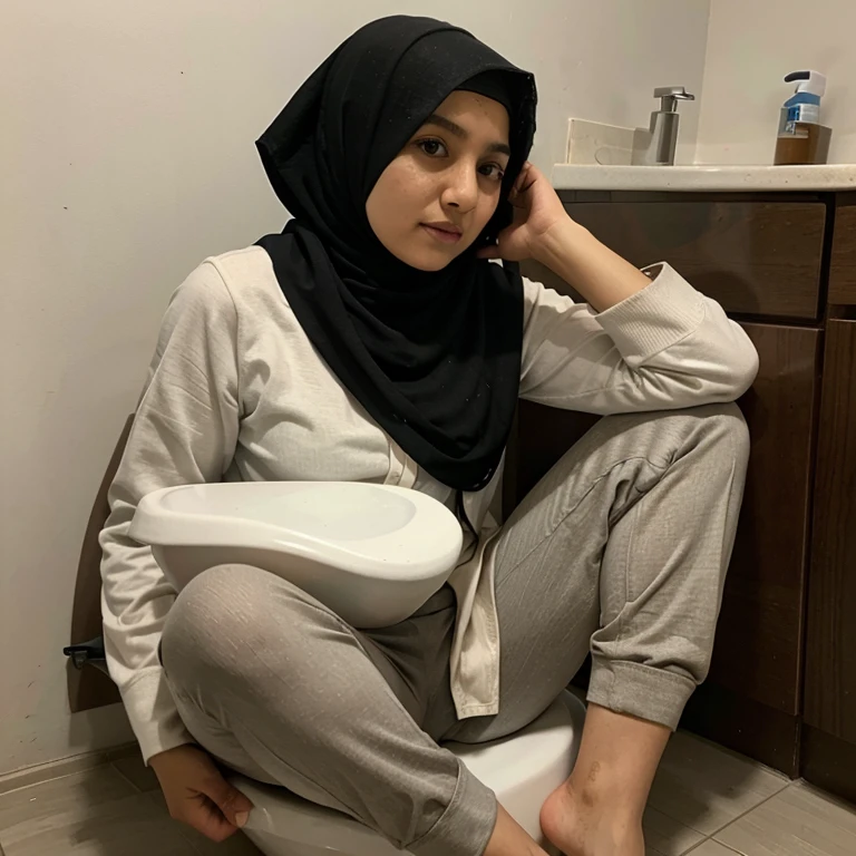 Hijab women poop on toilet and she doesn't wear anything she is naked