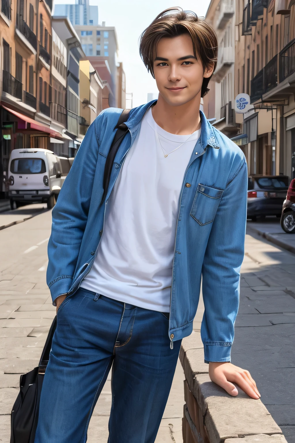 Age 25々Cool guy、Wha like to be a model、Chic and casual clothing、Delicate face、good looking、I am brunette、Brown eyes、Daytime on a sunny day、Cool standing figure、The scenery in the background is a cityscape、Live-action shooting style、High quality 8k、Bright smile、like a model、One Man、