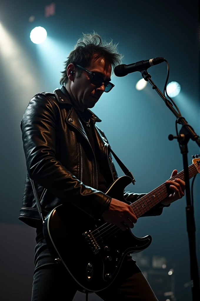 ROCKEIRO WITH BLACK GLASSES IN LEATHER JACKET PLAYING GUITAR