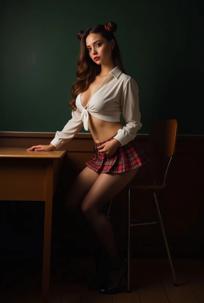 (pov:1.3) In the bustling classroom, a captivating (female teacher squat on the floor:1.3), exuding confidence and allure. Her glamorously styled hair framed her face, drawing attention to her striking features. she exuded an air of intelligence and sophistication. her toned arms accentuated her sporty physique hourglass figure with grace. Completing her ensemble, she wore (red lace thighhighs:1.3) (lace bra:1.3) that added an element of sensual and lust to her look. light brown hair, hair behind ear, straight hair, (medium-short hair:1.3, bangs), (makeup:1.3),(red lips), light blush, (oral invitation:1.3), UHD, ccurate, (anatomically correct:1.3), textured skin, award winning, (solo focus:1.3), (hands on hip:1.3) (lace panties:1.3) (posing:1.3), (huge cleavage), (beautiful five fingers good form:1.3)