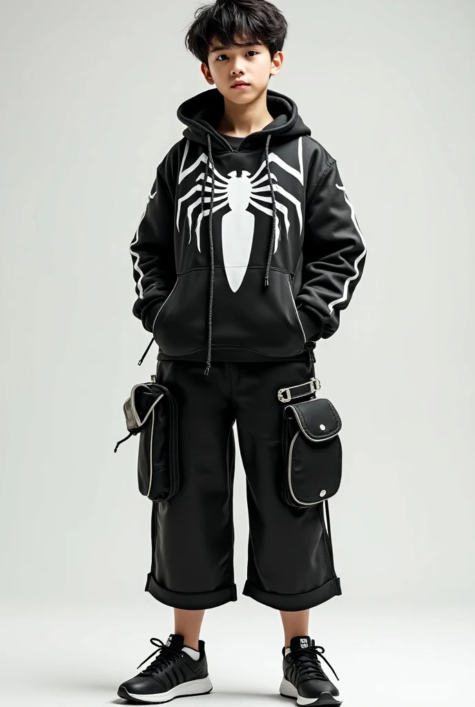 A sketch of a girl with half her face in Venom makeup, with a ponytail in her black hair,  wearing a short-sleeved blouse with a Venom spider in the center ,  and with a black skirt with two white stripes , The stockings are below the knee in black and have two white stripes, and black military-style boots with black decorative confetti on the sides