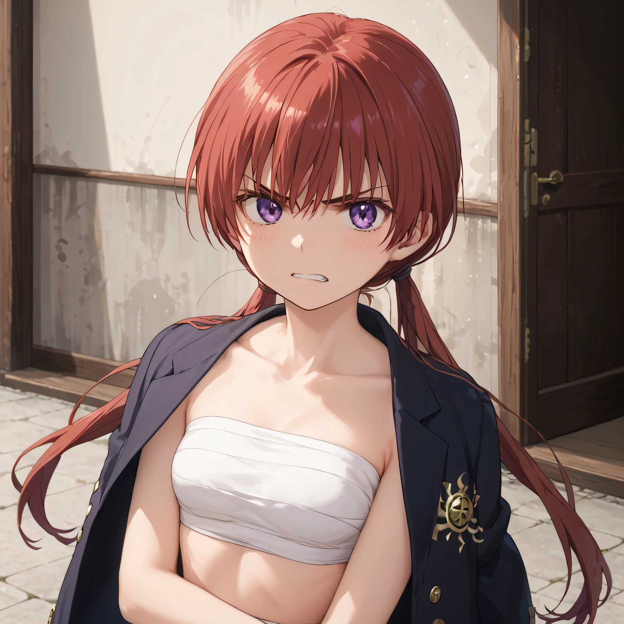 score_9, score_8_up, score_7_up, source_anime, rating_safe, intricate details, anime screencap, official style, 1girl, awaki, red hair, low twintails, purple eyes, midriff, bandages, chest sarashi, dark jacket on shoulders, gakuran, looking at viewer, angry, clenched teeth, crossed arms, upper body