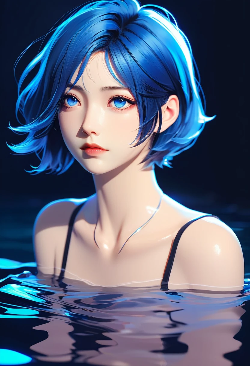 "anime-style portrait, Nagi Aoe, Shounen no Abyss, short blue hair, deep blue eyes, dramatic drowning pose, pure black background with subtle underwater light effects, water reflections, complementary blue highlights, calm yet distant expression, Ilya Kuvshinov style, soft linework, gentle and precise shading, subtle rim lighting, shin hanga influence, trending on Pixiv, ethereal blue aura, mysterious and somber atmosphere"