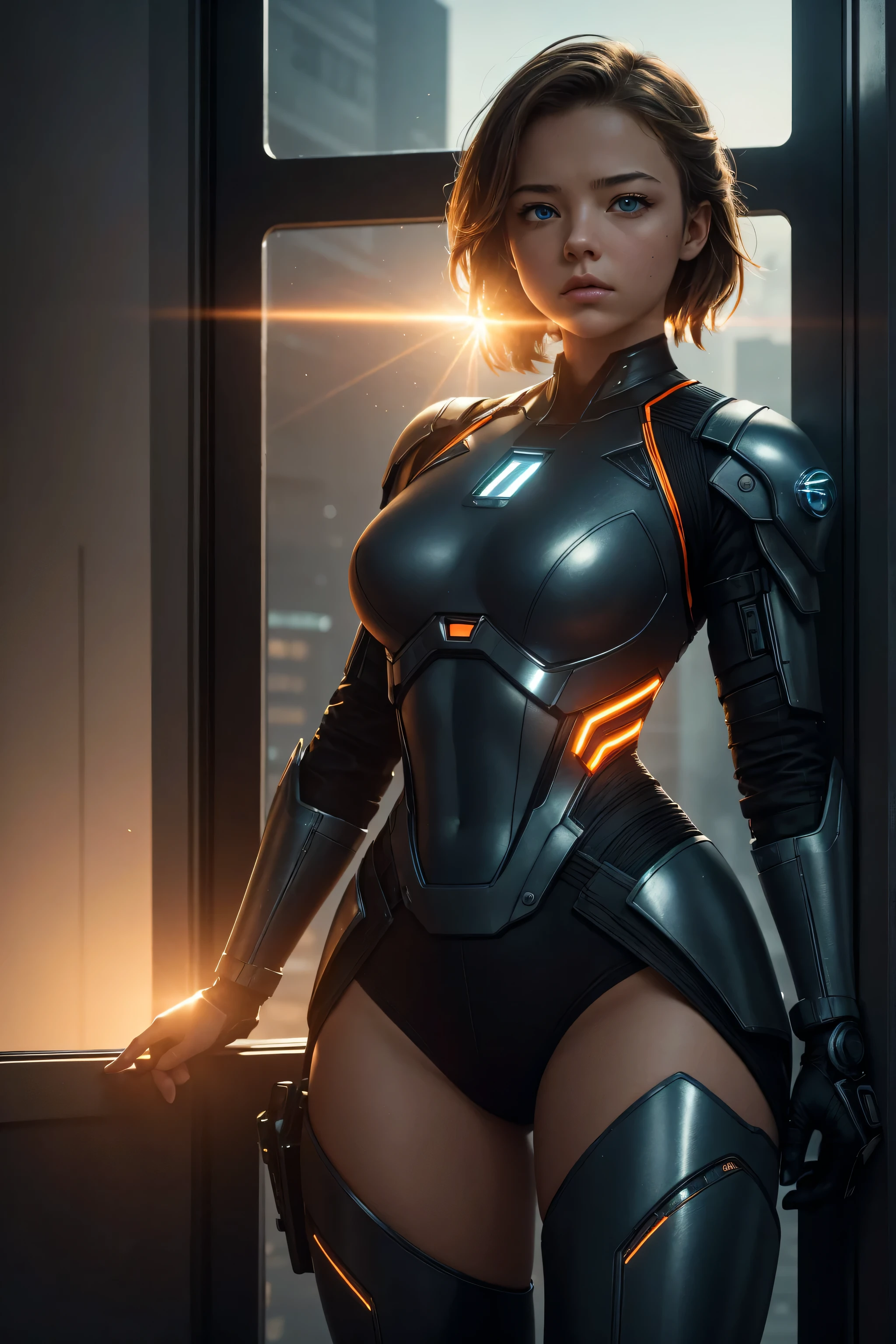 ((view from right side):1.2) explosions in the background, night sky, (Standing with one hand on hip and other arm extended out to the side:1.2) (Realisitc:1.5) woman terminator, gigantic breasts, big ass, <lora:EdobTerminatorHybridFemale_v1.0:0.6>