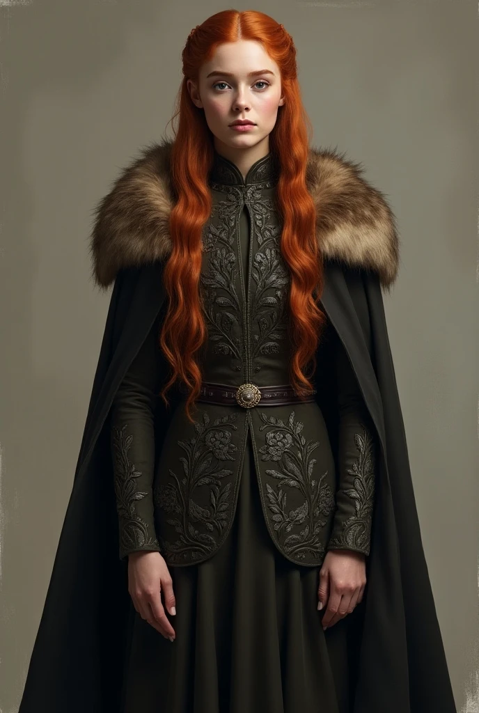 Sansa Stark, lady Sansa Stark, Sansa Stark played by Sophie Turner, 45 years old Woman, a close up of a woman in a Mediaeval dress sansa stark, sansa, sophie turner, sophie turner girl, shot from game of thrones, as a medieval fantasy character, miranda otto as eowyn, eleanor tomlinson, style of game of thrones, shallan davar, still image from game of thrones, arya stark as venus