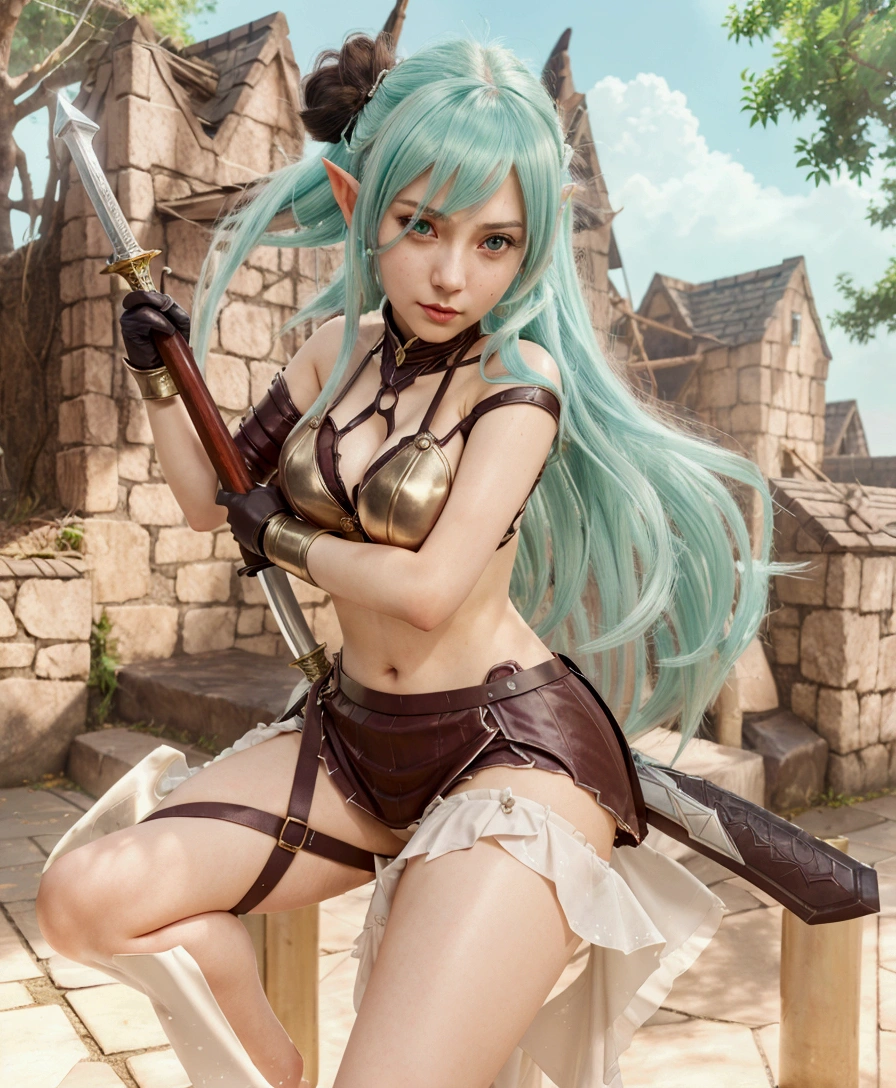 Create a female Astral Elf with short blue hair and a katana 