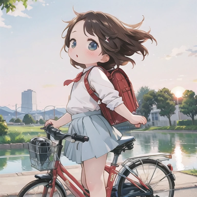 (masterpiece,  super high definition，Best Quality:1.2), reality、 very short height ， By bicycle，Alone、 Female junior high school student ，Summer clothes、Fluttering skirt，positive，whirlwind，Riverside at dusk、Beautiful sunset，