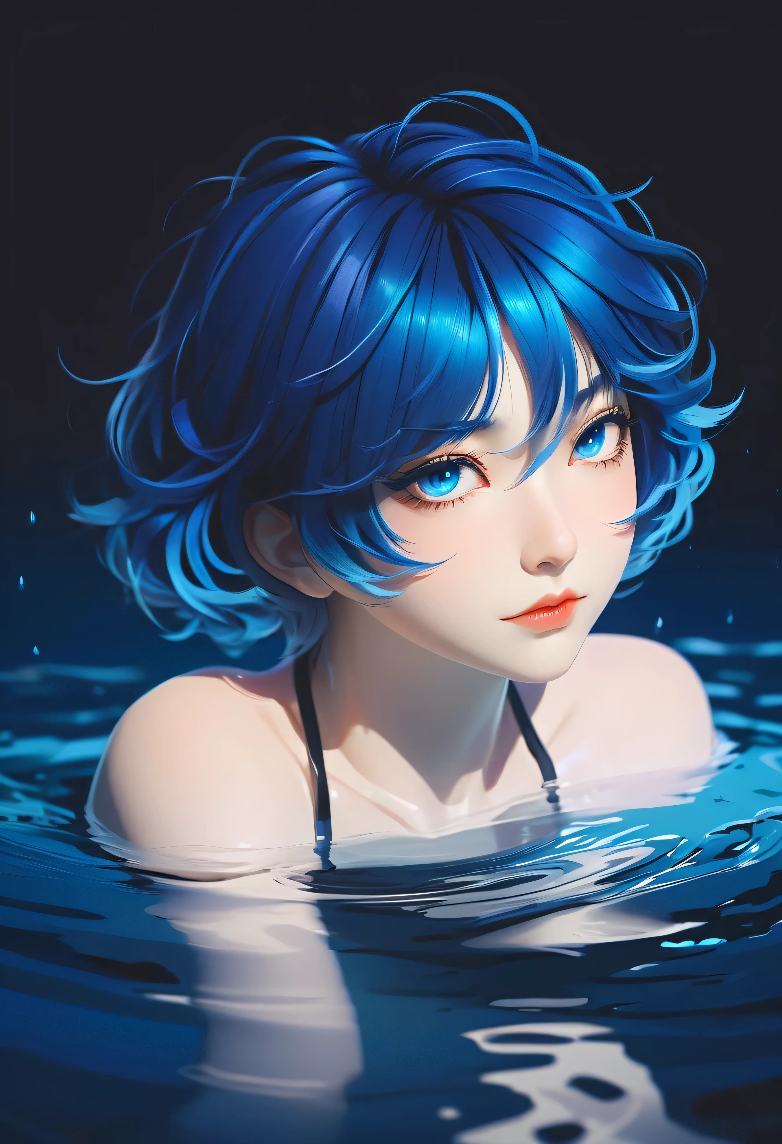 "anime-style portrait, Nagi Aoe, Shounen no Abyss, short blue hair, deep blue eyes, dramatic drowning pose, pure black background with subtle underwater light effects, water reflections, complementary blue highlights, calm yet distant expression, Ilya Kuvshinov style, soft linework, gentle and precise shading, subtle rim lighting, shin hanga influence, trending on Pixiv, ethereal blue aura, mysterious and somber atmosphere"