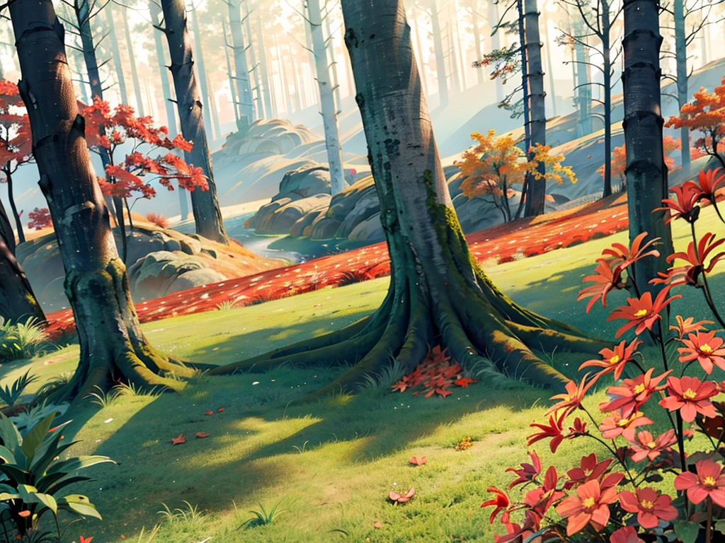 A beautiful autumn landscape, digital art, anime-inspired, colorful foliage, vibrant colors, dynamic composition, intricate details, highly detailed, 4k, 8k, photorealistic, masterpiece, artstation, sharp focus, dramatic lighting, moody atmosphere, glowing light effects, stunning scenery, serene forest, magical elements, fantasy world, digital painting, conceptual design