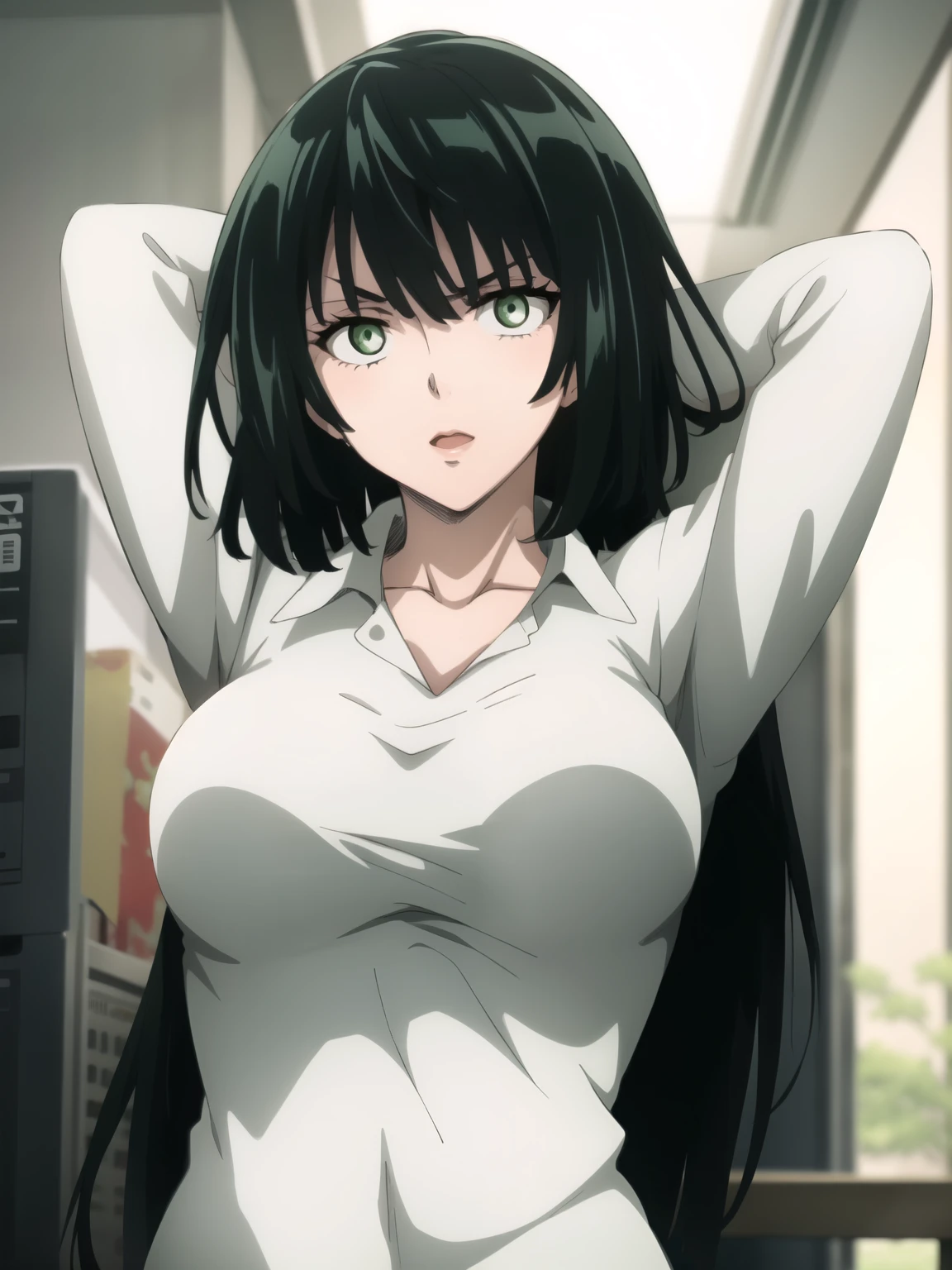 fubuki, 1girl, solo, white, office shirt, green eyes, looking at viewer, upper body, arms behind head, style of makima