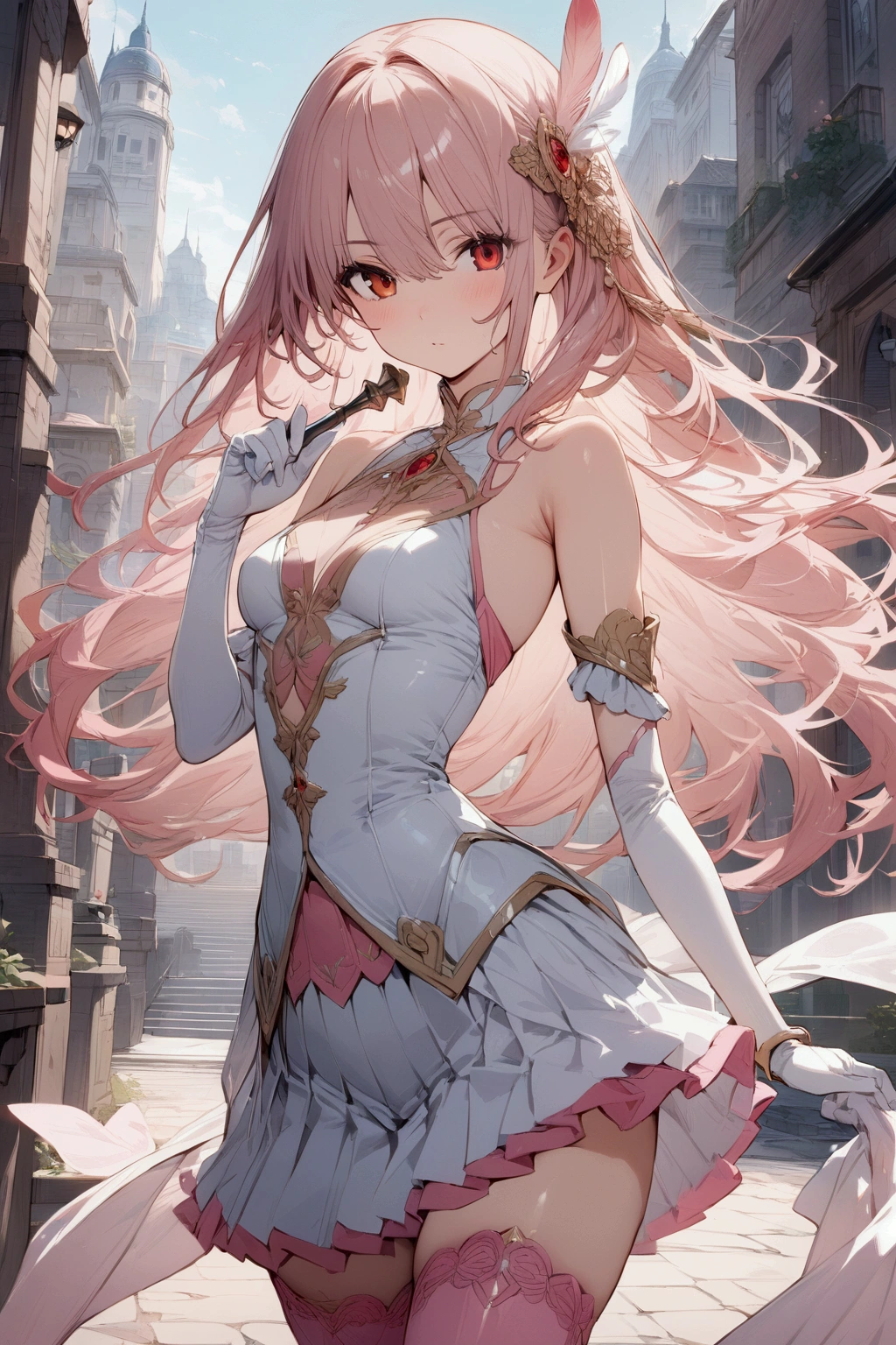 masterpiece, best quality, highres, 1girl, horns,(theresahead), red eyes, crying, white dress solo, shoulder armor, dress, very long hair, thigh strap, white dress, big sword, steel greaves, steel gauntlets , cleavage, pauldrons, white thighhighs, medium breasts, bangs, detached sleeves, standing, smiling