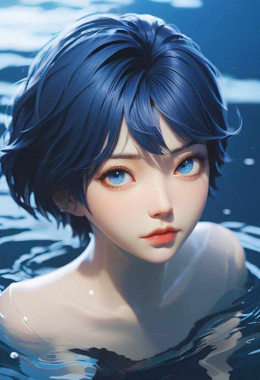 "anime-style portrait, Nagi Aoe, Shounen no Abyss, short blue hair, deep blue eyes, dramatic drowning pose, pure black background with subtle underwater light effects, water reflections, complementary blue highlights, calm yet distant expression, Ilya Kuvshinov style, soft linework, gentle and precise shading, subtle rim lighting, shin hanga influence, trending on Pixiv, ethereal blue aura, mysterious and somber atmosphere"