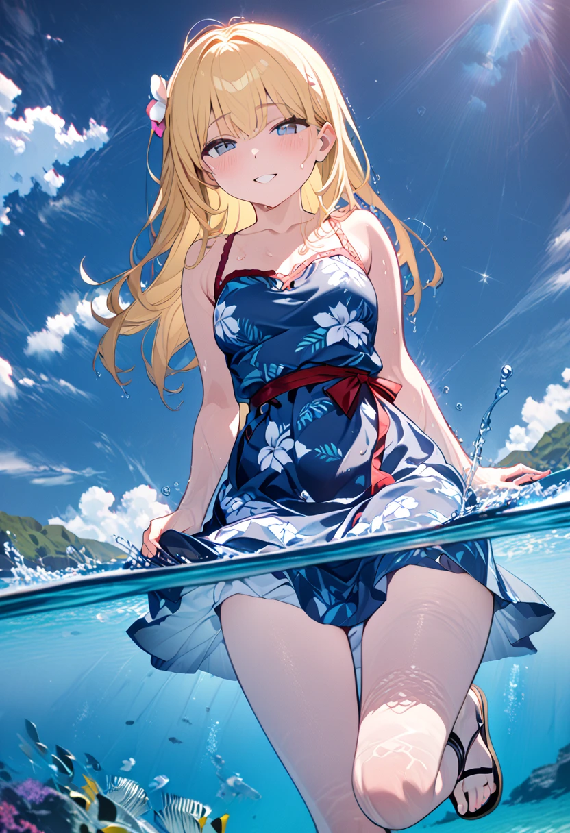 (8k,  very high quality, masterpiece:1.2),  super high definition, One Woman, cute, Small breasts, blonde,  navy blue dress, Floral, Hawaiian Dress, Sandals, whole body, sea,   wet, ish, The best smile, Submersion,  splash from below, Water up to my chest, 