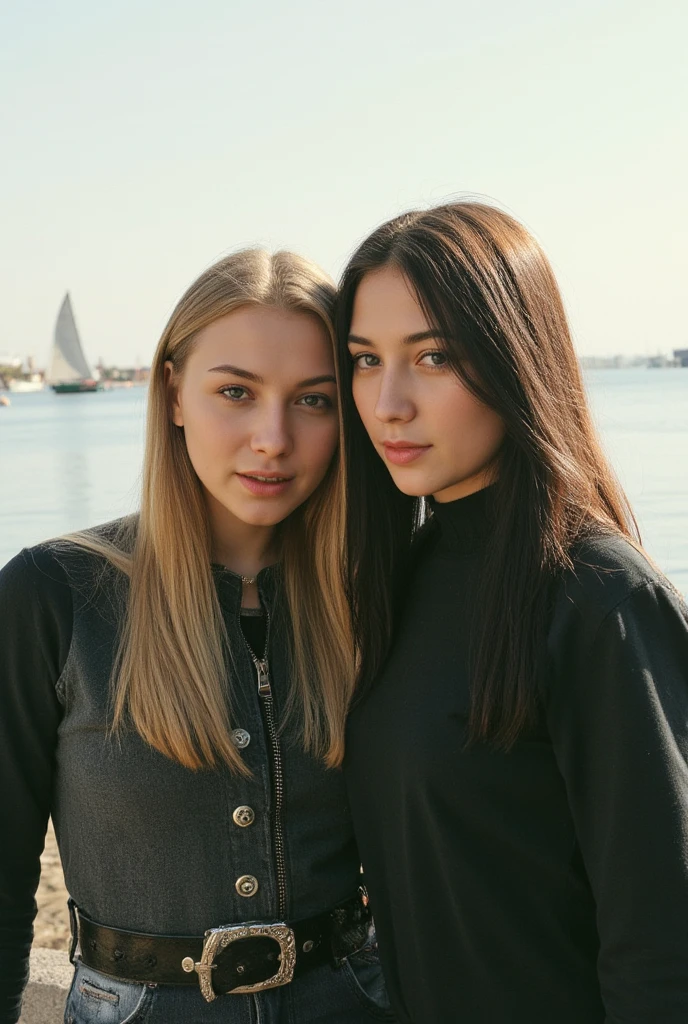 a expressive ,((2girls, group, Duo, close each other)), rockstar outfit, Calm sky with sailboats on the horizon,Middle Ages,Grunge style Textured distressed vintage edgy rock vibe dirty noisy,style by Misha Gordin,bokeh professional 4k highly detailed,Fujichrome Provia 100F,split lighting