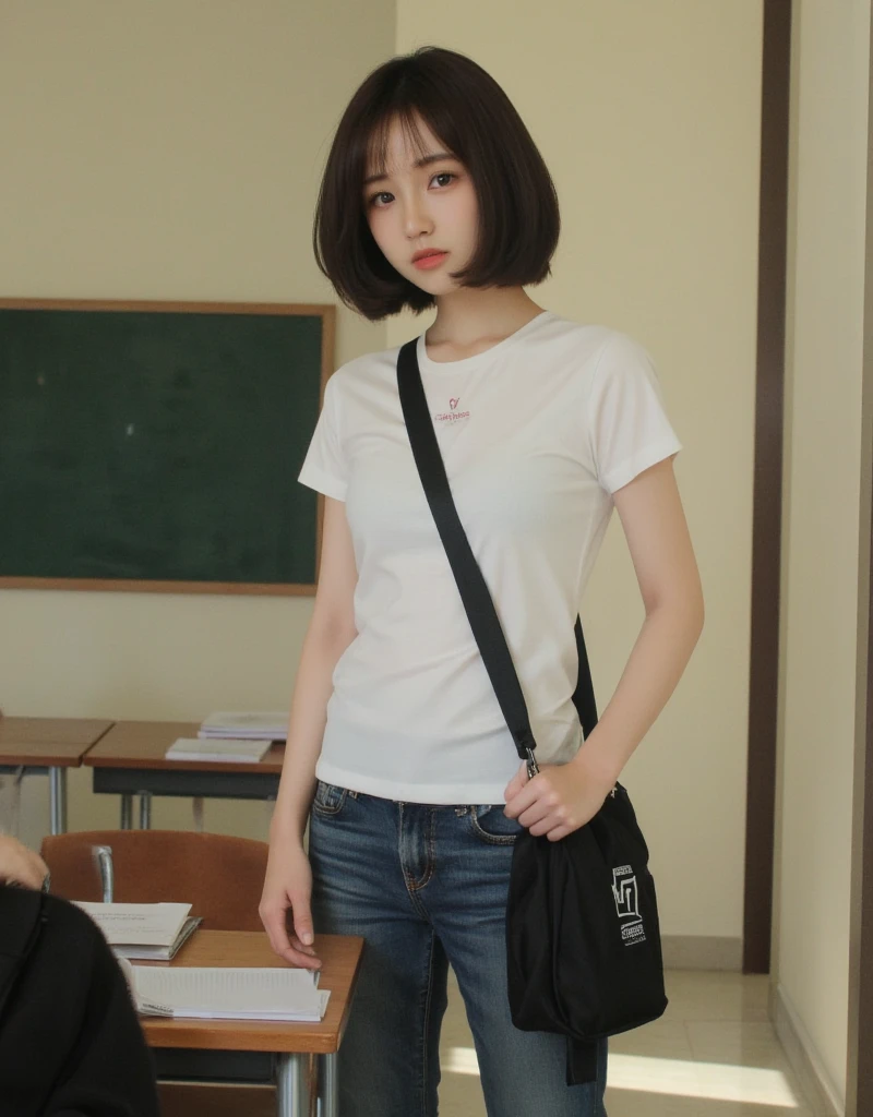 (8k),(masterpiece),(Japanese),(),((Innocent look)),((Childish)),from the front,smile,cute,Innocent,Kind eyes,Plain white t-shirt,Short sleeve,Athletic bloomers,Straight hair,Black Hair,Sitting on the desk、classroom